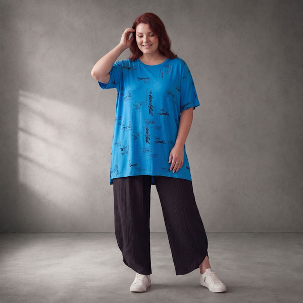 Damen Shirt Lagenlook Baumwolle Türkis/Schwarz, A-Form, Kurzarm, Seitenschlitze, Oversize große Größen – Funky Diva