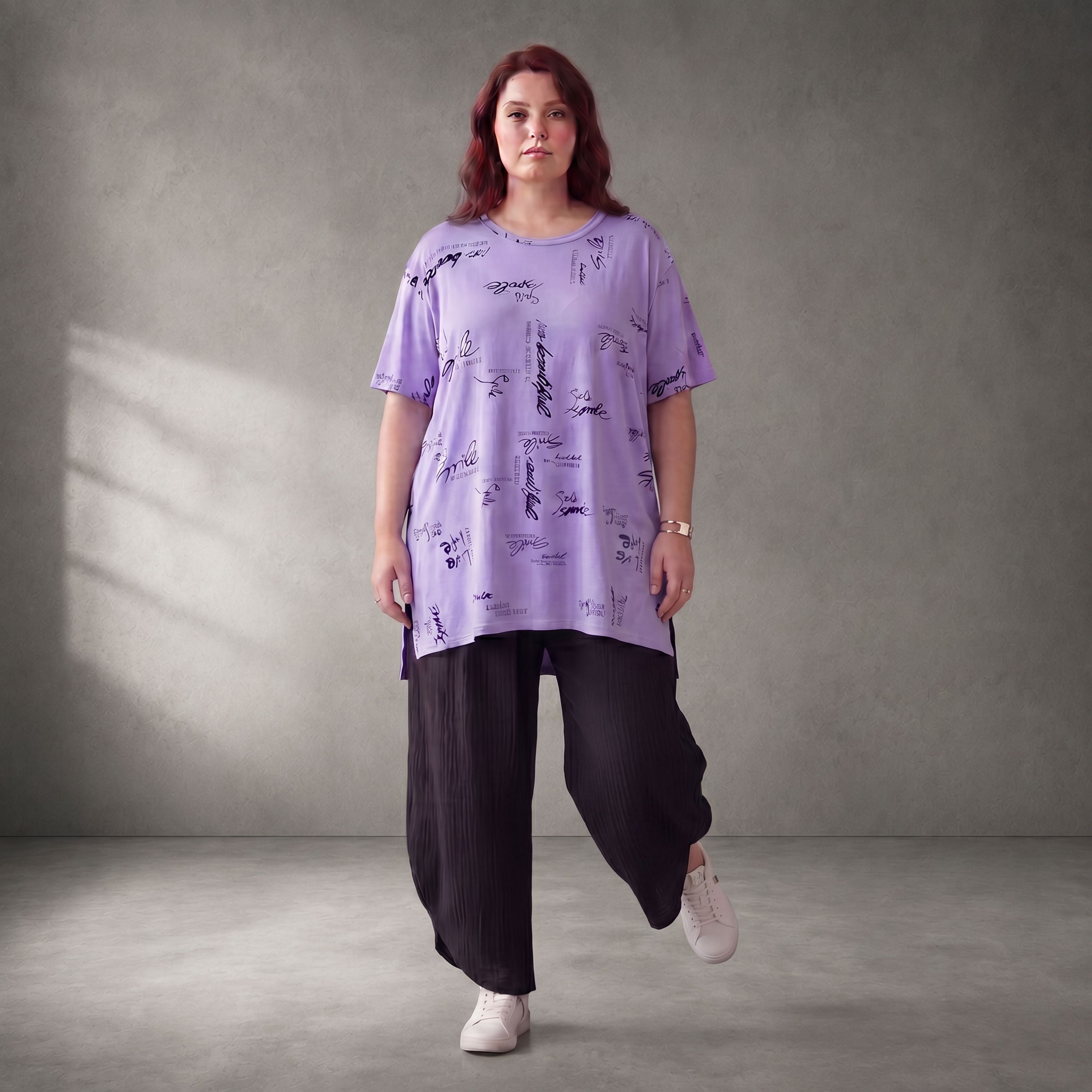 Damen Shirt Lagenlook Baumwolle Flieder, A-Form, Kurzarm, Seitenschlitze, Oversize große Größen – Funky Diva