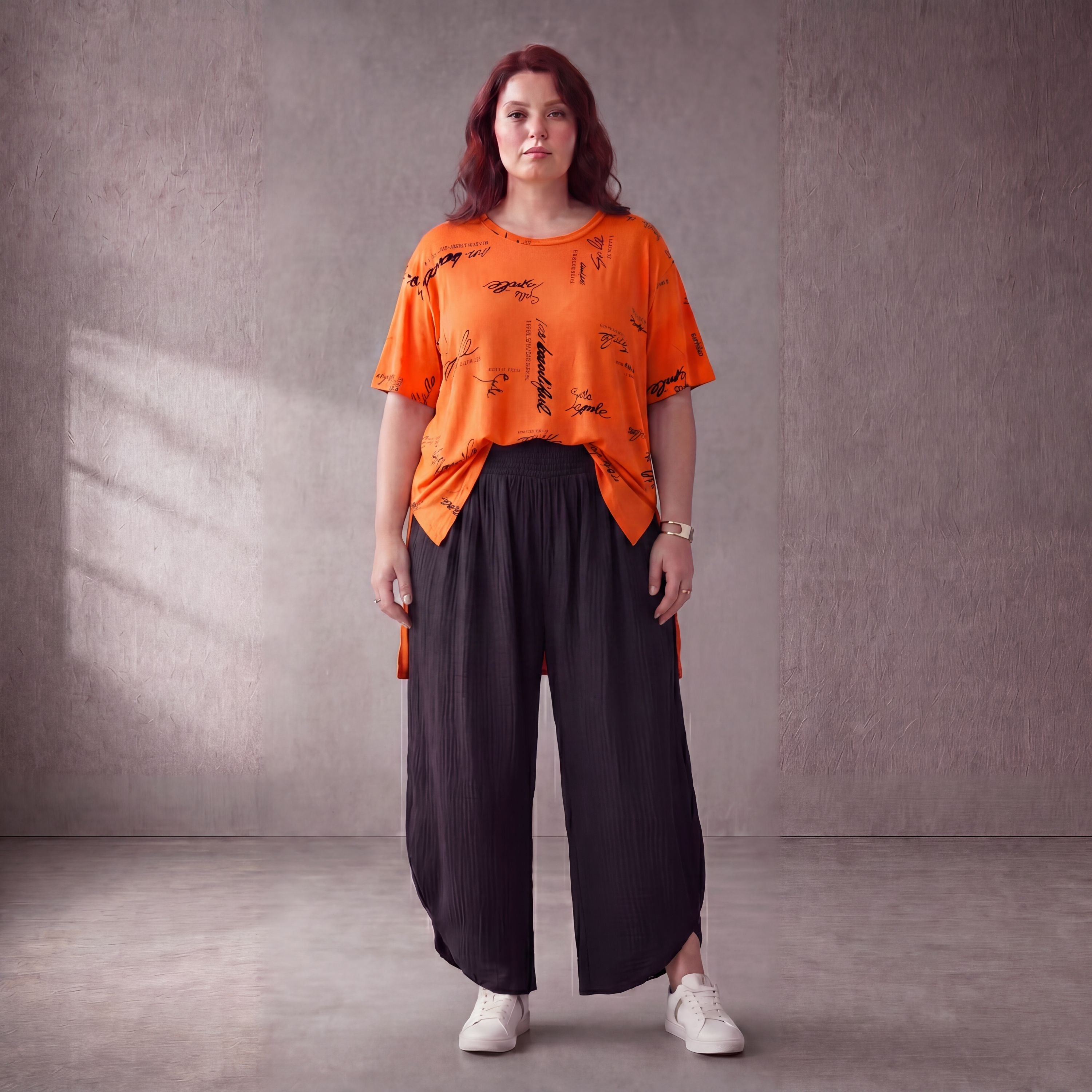 Damen Shirt Lagenlook Baumwolle Orange/Schwarz, A-Form, Kurzarm, Seitenschlitze, Oversize große Größen – Funky Diva