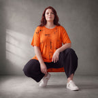 Damen Shirt Lagenlook Baumwolle Orange/Schwarz, A-Form, Kurzarm, Seitenschlitze, Oversize große Größen – Funky Diva