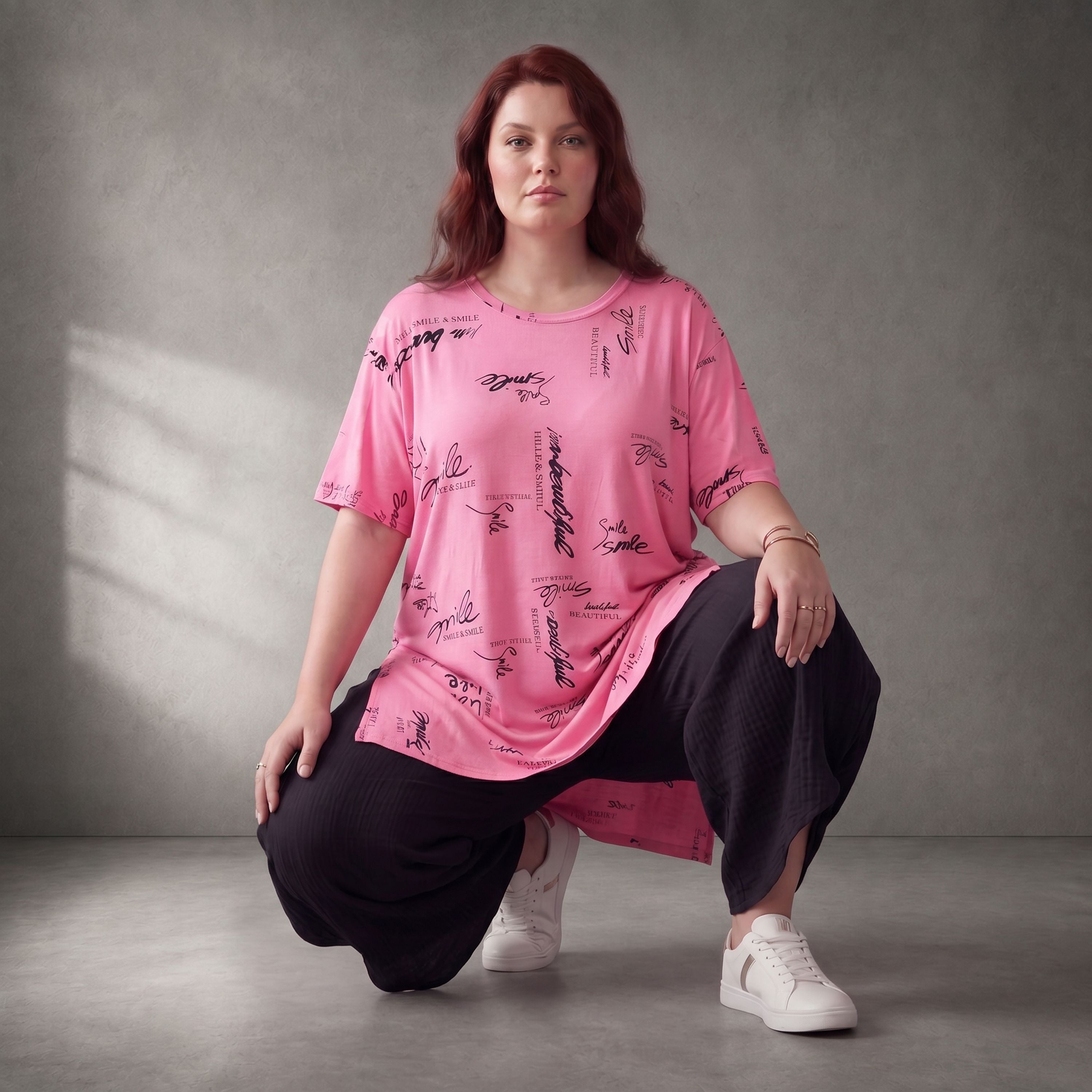 Damen Shirt Lagenlook Baumwolle Rosa/Schwarz, A-Form, Kurzarm, Seitenschlitze, Oversize große Größen – Funky Diva