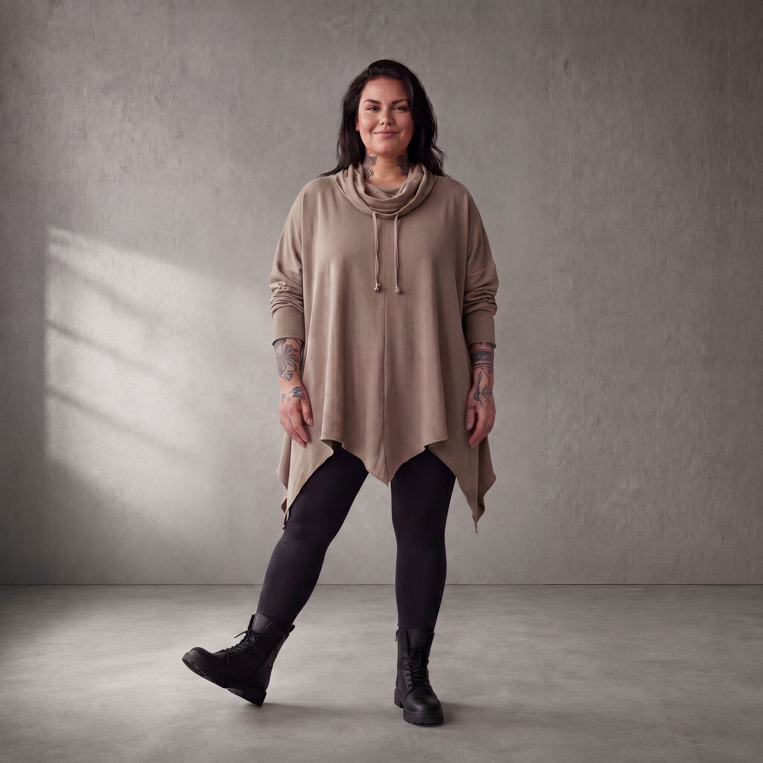 Damen Shirt Lagenlook Baumwolle Beige, A-Linie, Rollkragen, Oversize große Größen – Funky Diva