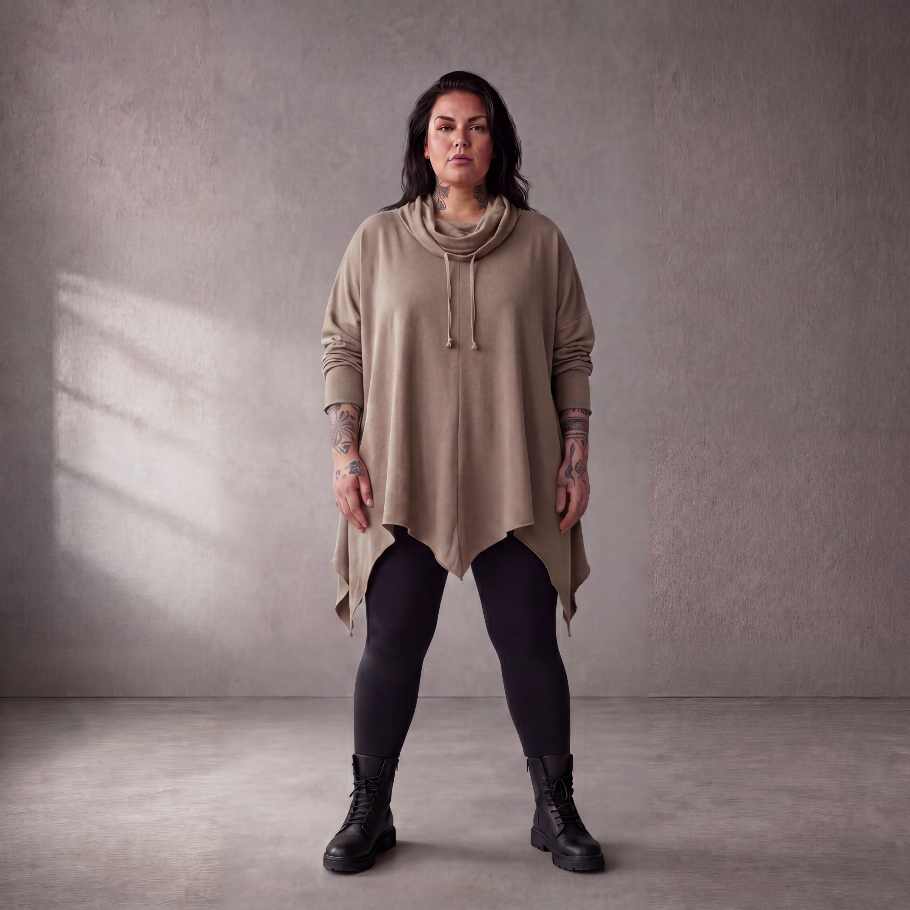 Damen Shirt Lagenlook Baumwolle Beige, A-Linie, Rollkragen, Oversize große Größen – Funky Diva