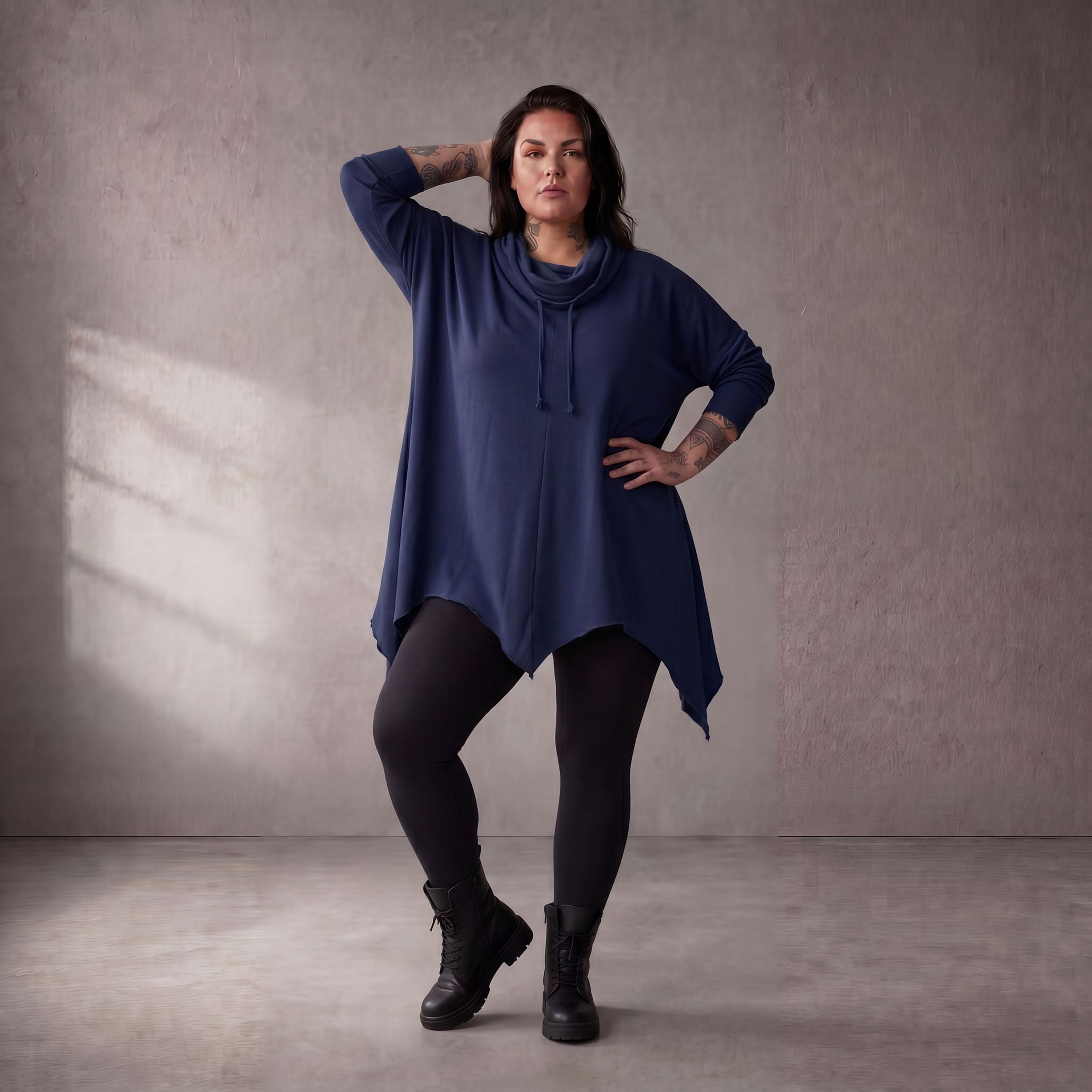 Damen Shirt Lagenlook Baumwolle Dunkelblau, Rollkragen, Oversize große Größen – Funky Diva