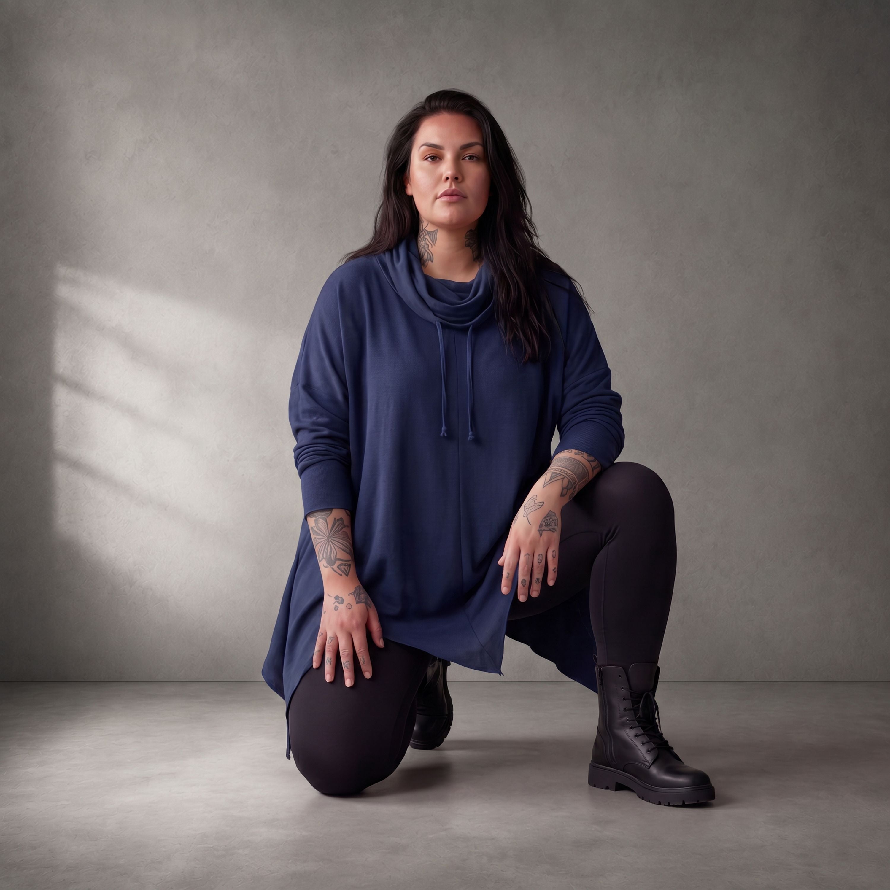 Damen Shirt Lagenlook Baumwolle Dunkelblau, Rollkragen, Oversize große Größen – Funky Diva