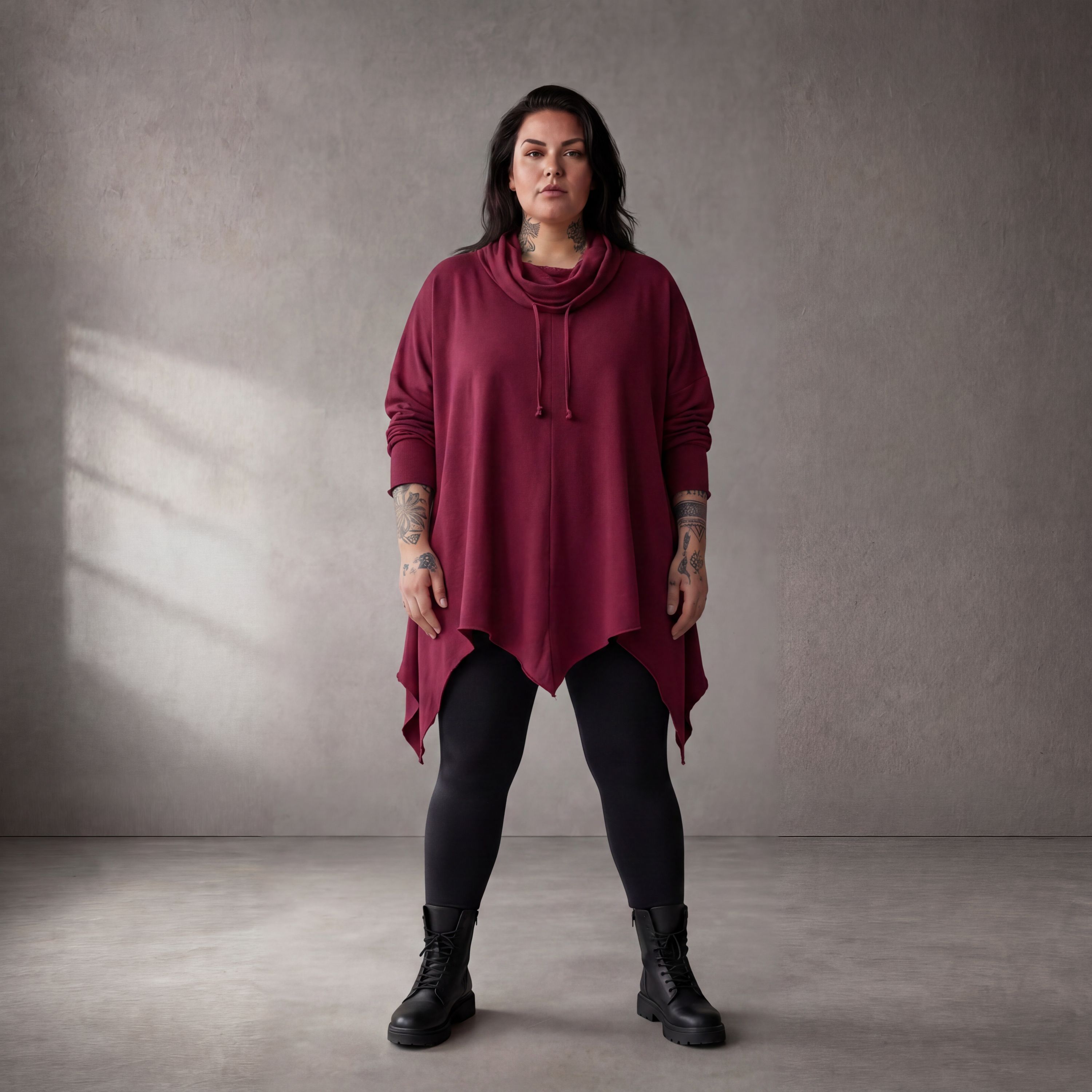 Damen Shirt Lagenlook Baumwolle Bordeaux, Rollkragen, Oversize große Größen – Funky Diva