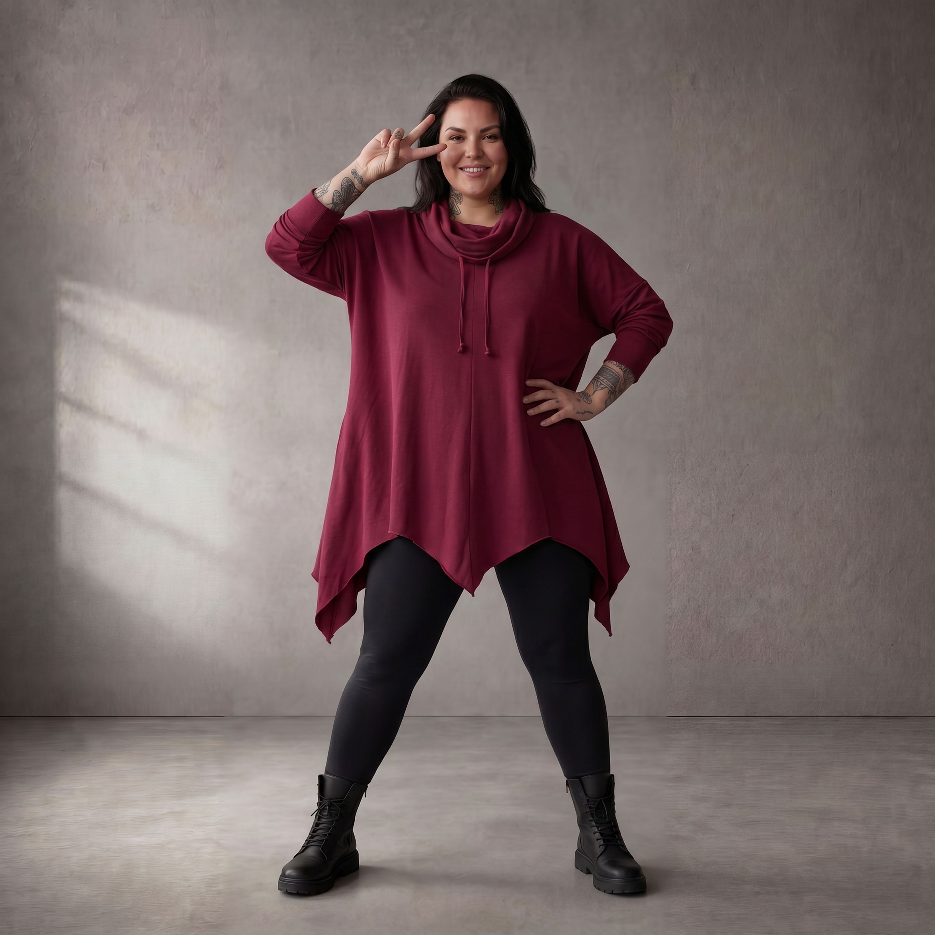 Damen Shirt Lagenlook Baumwolle Bordeaux, Rollkragen, Oversize große Größen – Funky Diva