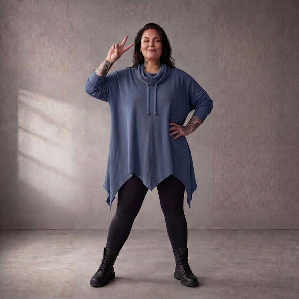 Damen Shirt Lagenlook Baumwolle Jeansblau, Rollkragen, Oversize große Größen – Funky Diva