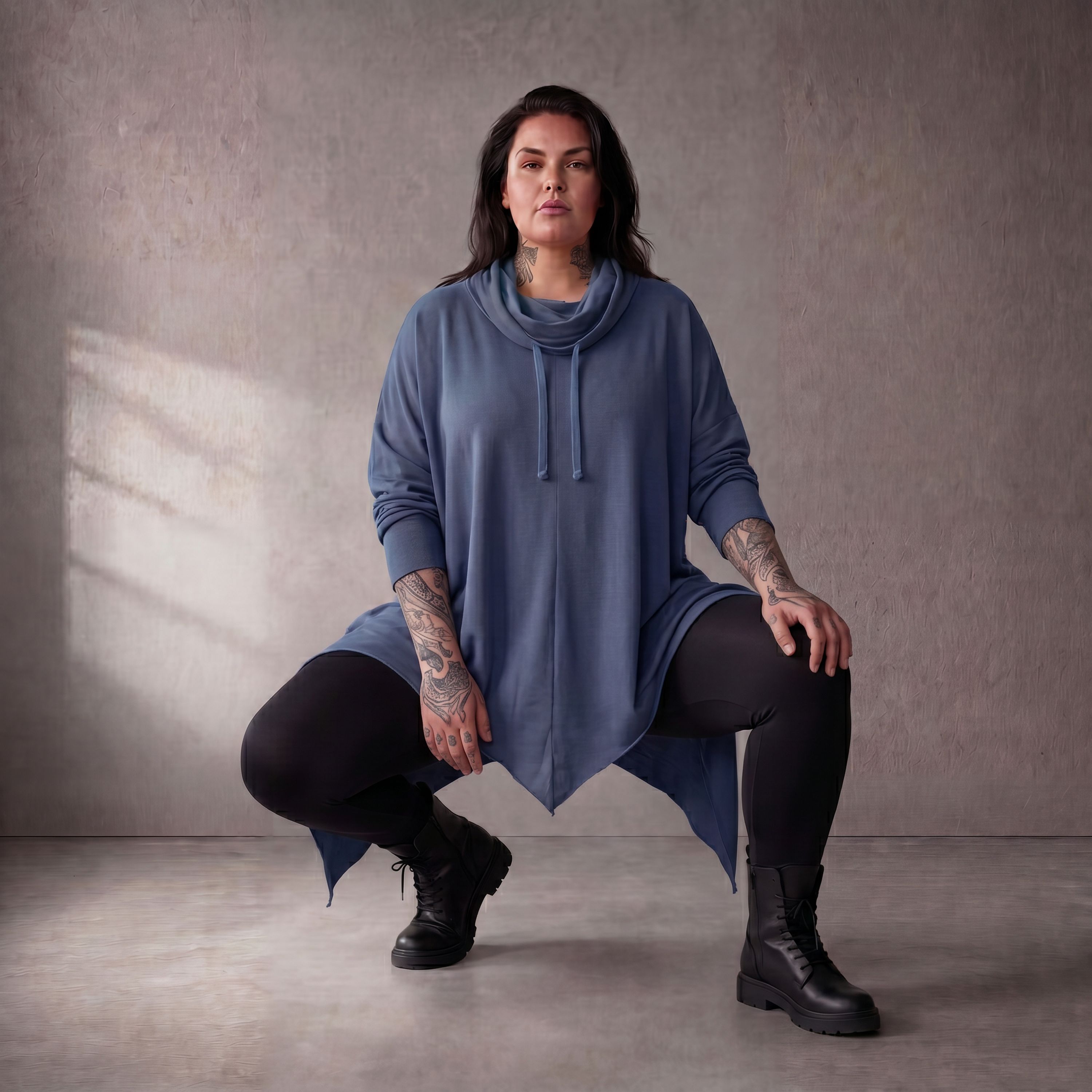 Damen Shirt Lagenlook Baumwolle Jeansblau, Rollkragen, Oversize große Größen – Funky Diva