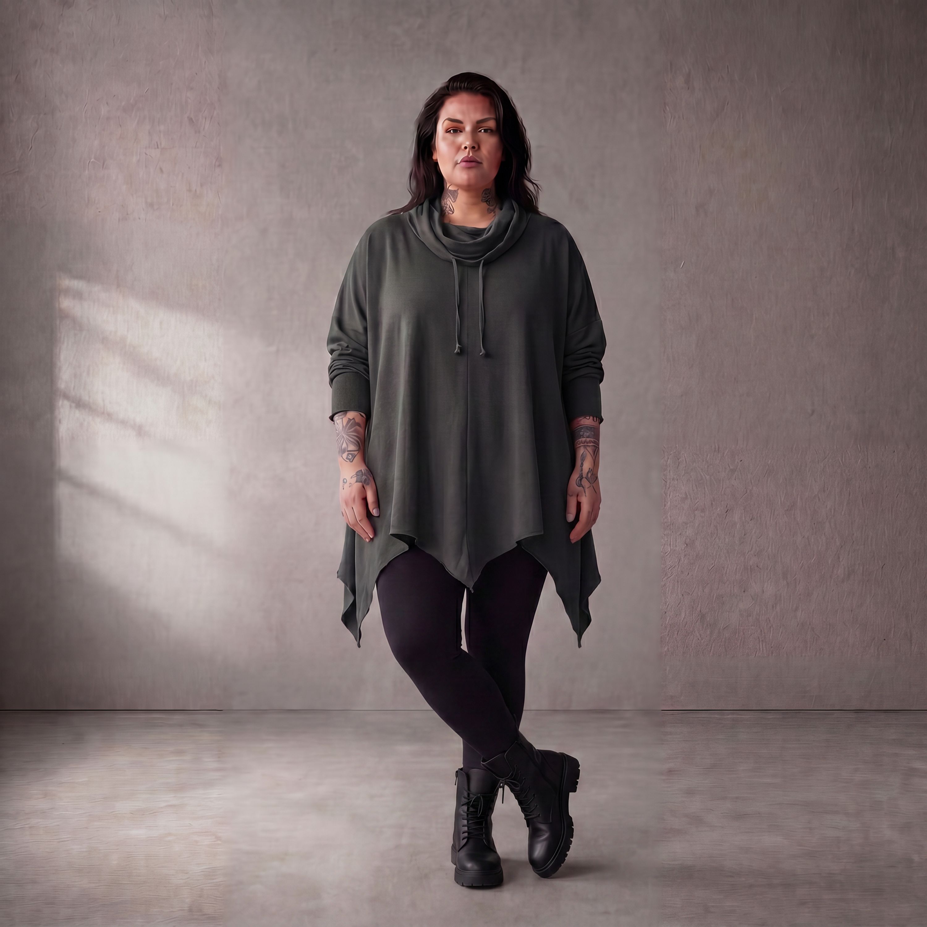 Damen Shirt Lagenlook Baumwolle Anthrazit, A-Linie, 7/8-Arm, Rollkragen, Oversize große Größen – Funky Diva