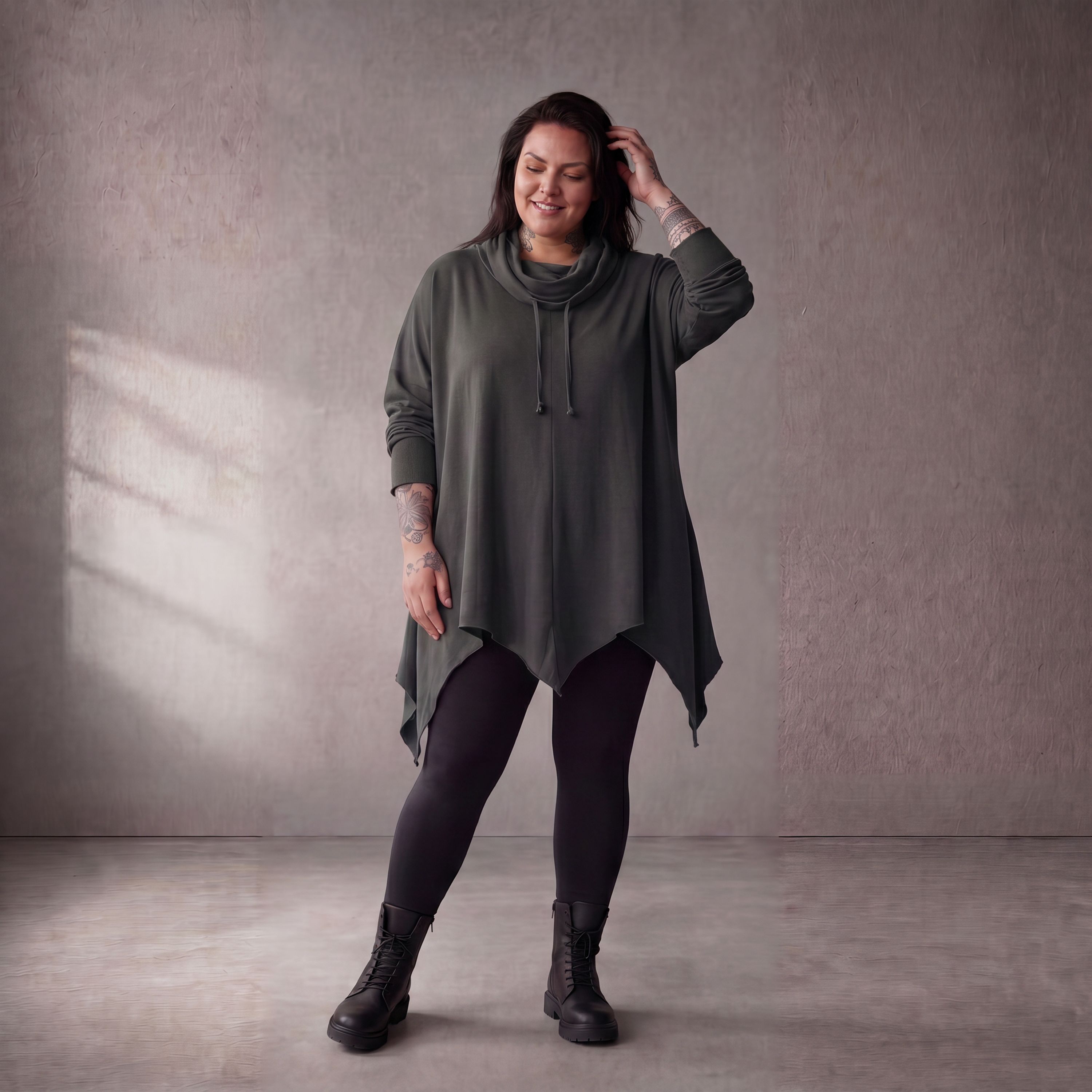 Damen Shirt Lagenlook Baumwolle Anthrazit, A-Linie, 7/8-Arm, Rollkragen, Oversize große Größen – Funky Diva