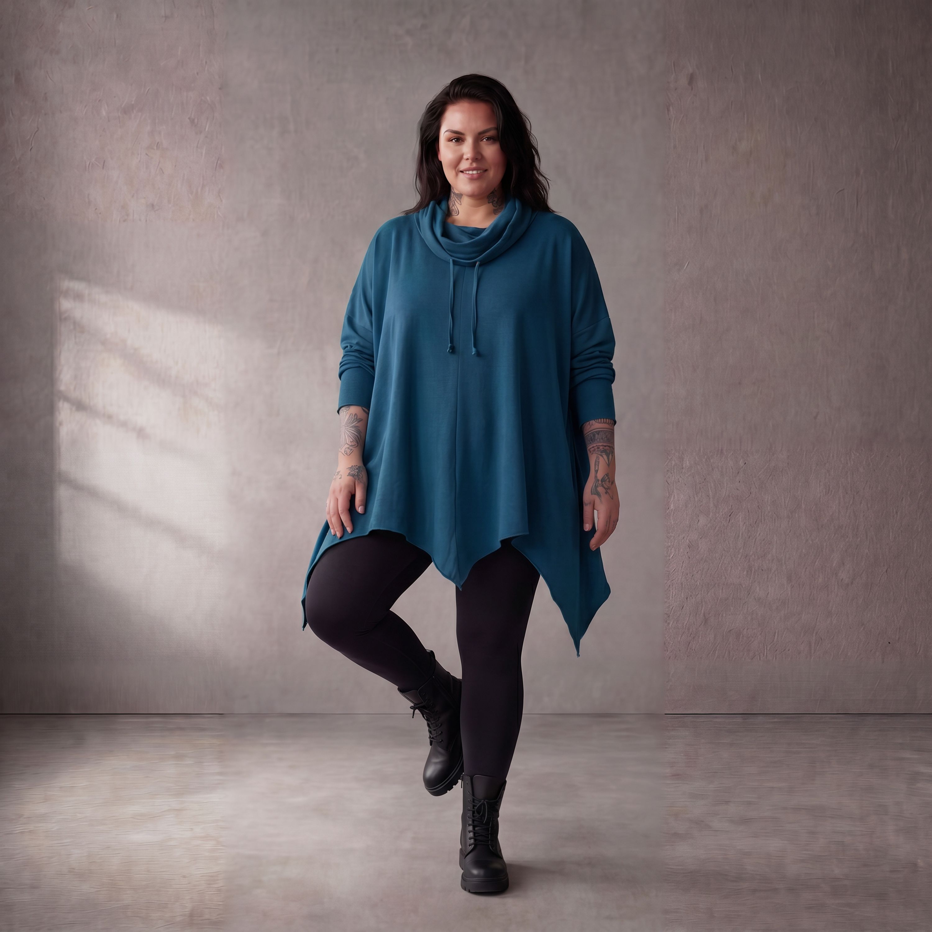 Damen Shirt Lagenlook Baumwolle Petrol, A-Linie, Rollkragen, Oversize große Größen – Funky Diva