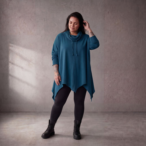 Damen Shirt Lagenlook Baumwolle Petrol, A-Linie, Rollkragen, Oversize große Größen – Funky Diva