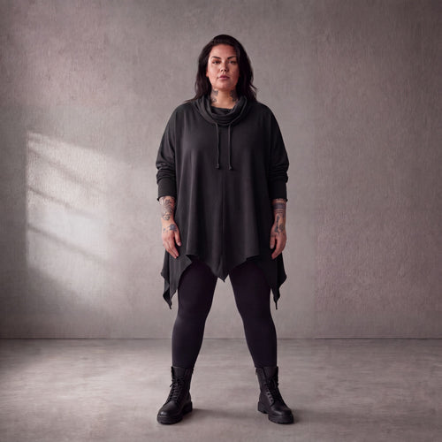 Damen Shirt Lagenlook Baumwolle Schwarz, A-Linie, 7/8-Arm, Rollkragen, Oversize große Größen – Funky Diva