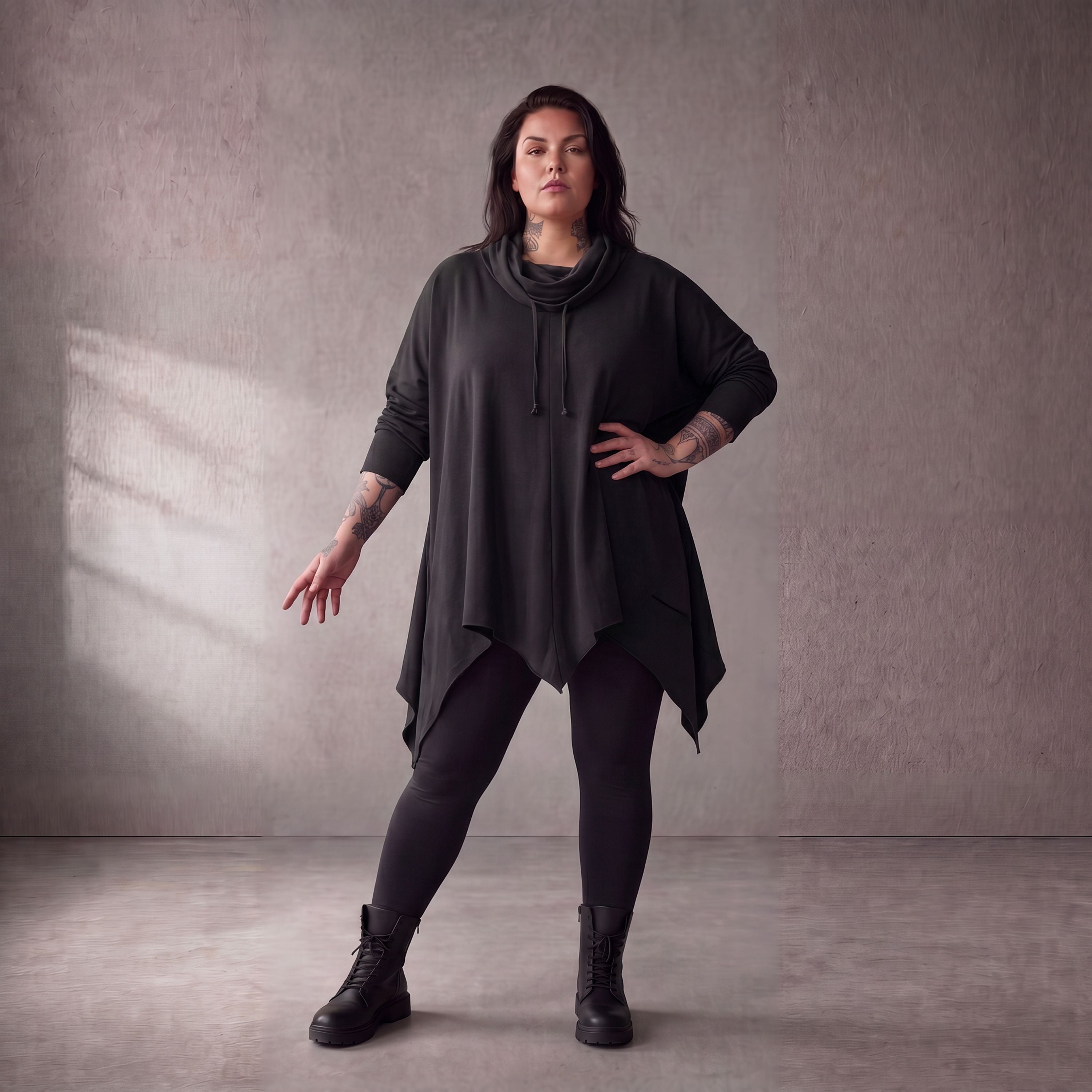 Damen Shirt Lagenlook Baumwolle Schwarz, A-Linie, 7/8-Arm, Rollkragen, Oversize große Größen – Funky Diva
