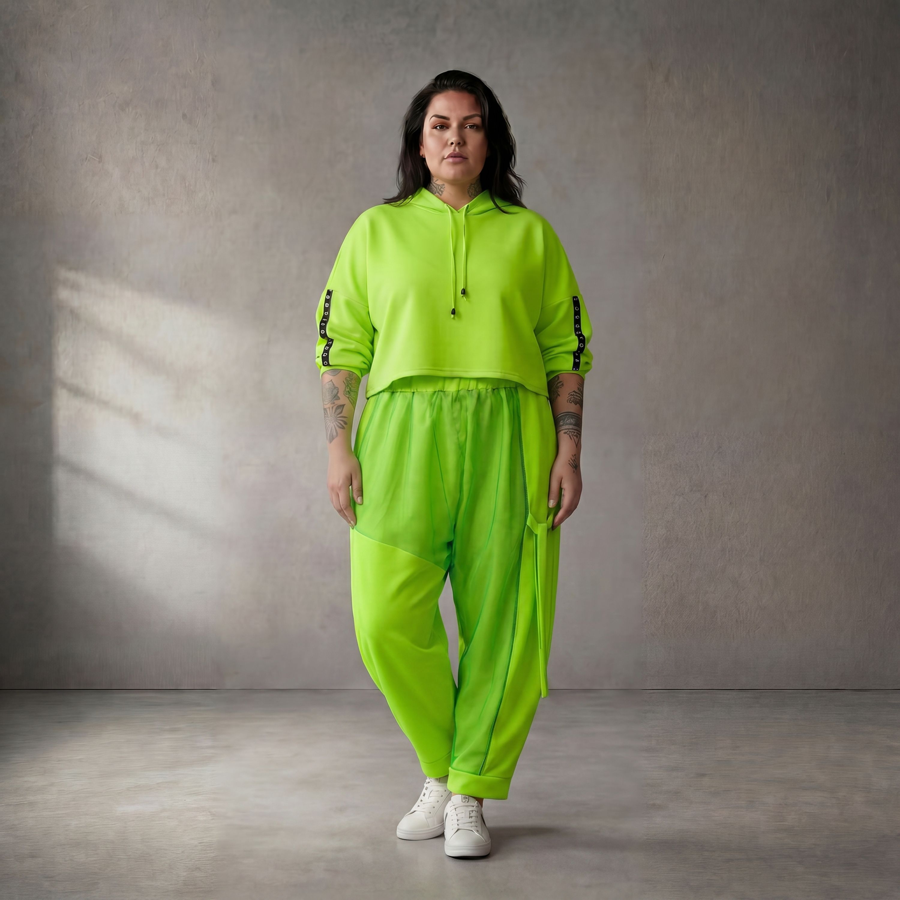 Damen Hose Lagenlook Neongrün, femininer Schnitt, Oversize große Größen – Funky Diva