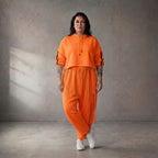 Damen Hose Lagenlook NeonOrange, schmaler Schnitt, Knopfleiste, Oversize große Größen – Funky Diva
