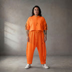 Damen Hose Lagenlook NeonOrange, schmaler Schnitt, Knopfleiste, Oversize große Größen – Funky Diva
