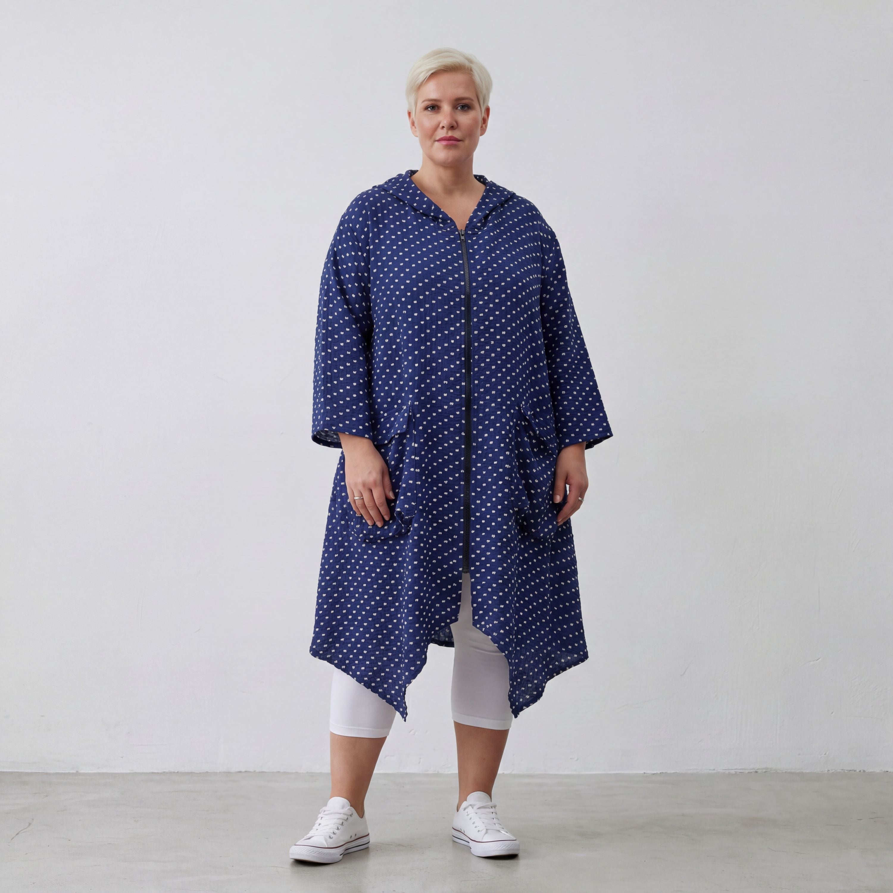 Zeitloser Oversize Lagenlook Mantel in DunkelblauWeiß Karo leger edel sommerlich weich