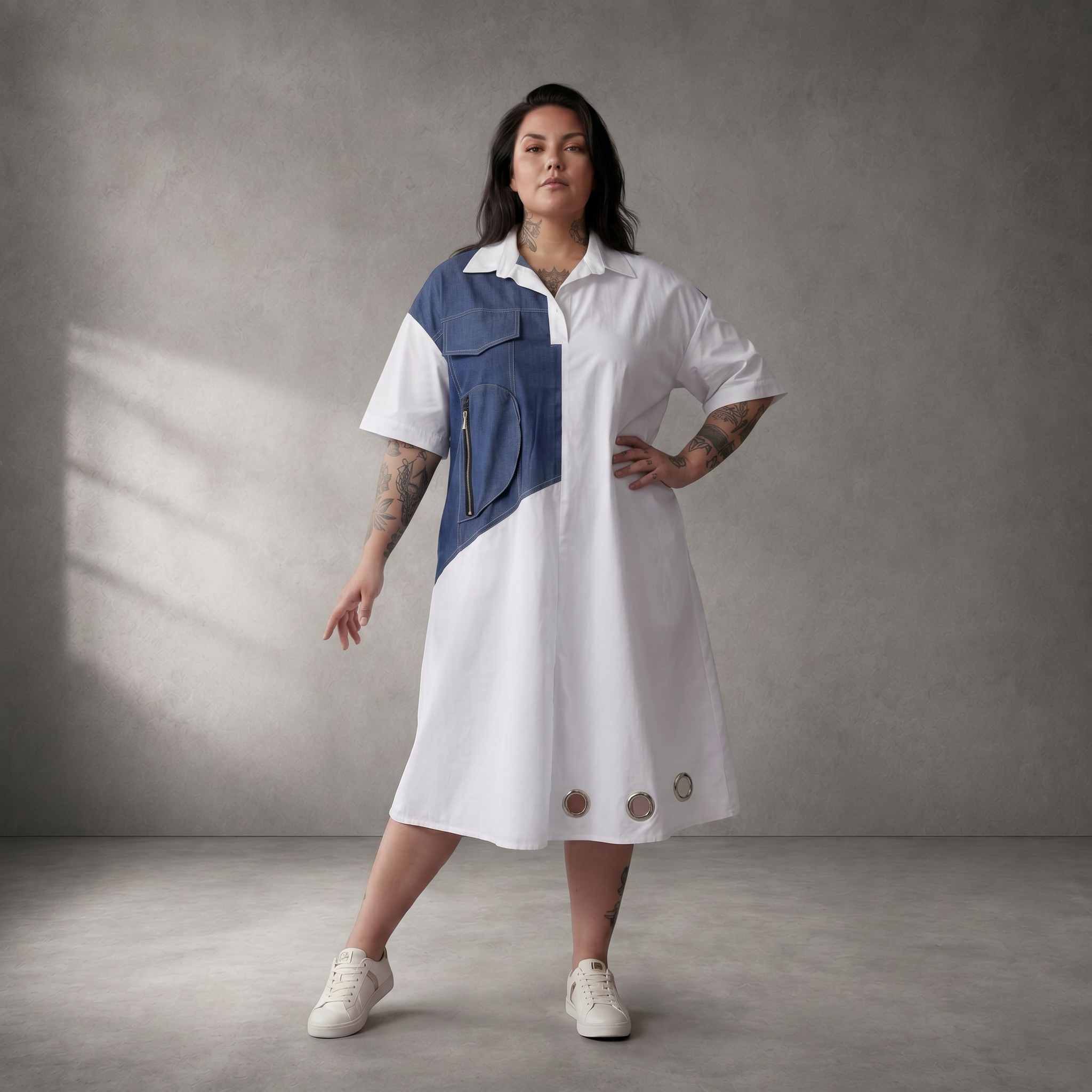 LeichteBaumwolltunika Blau Weiss im Lagenlook locker Oversize sommerlich zeitlos modern