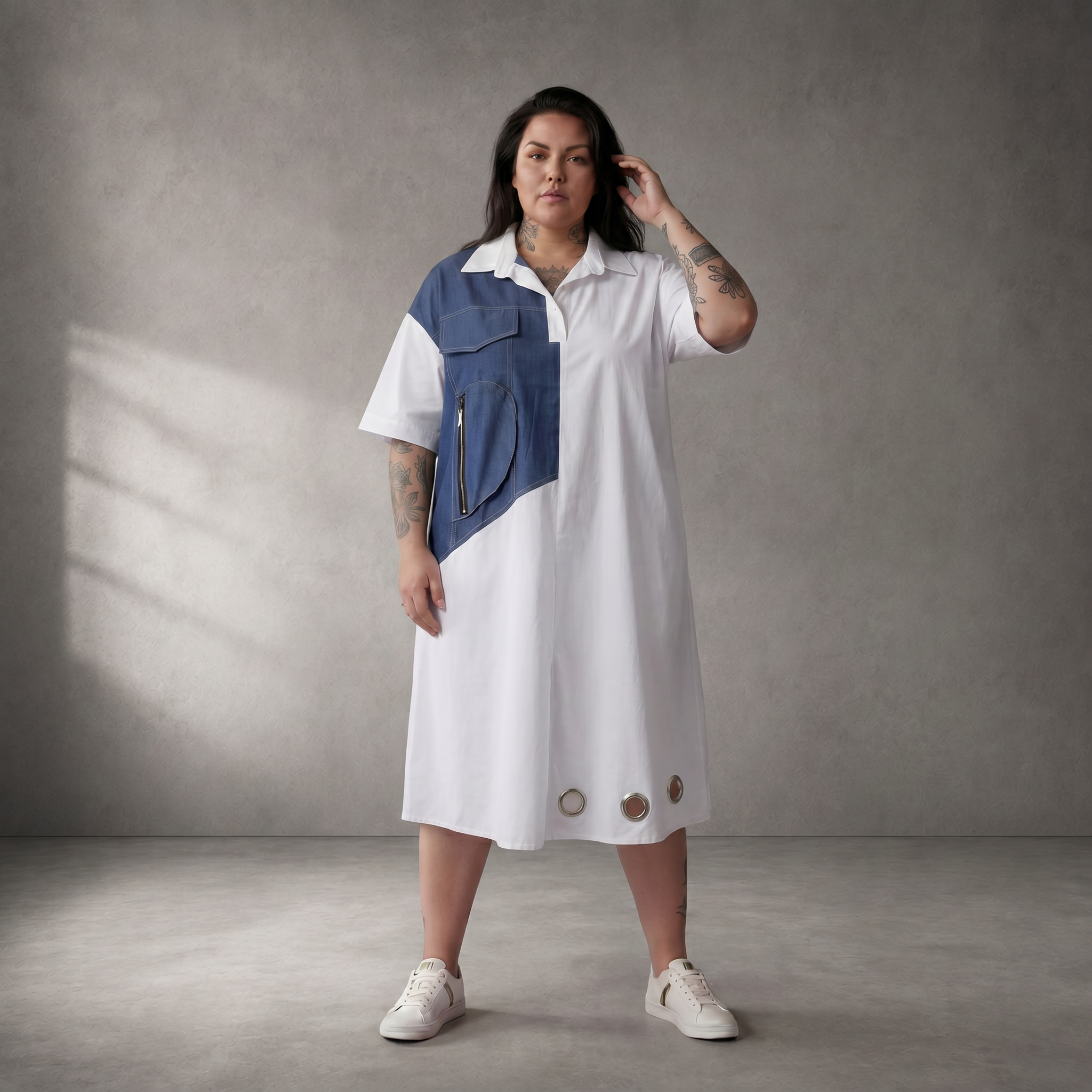 LeichteBaumwolltunika Blau Weiss im Lagenlook locker Oversize sommerlich zeitlos modern