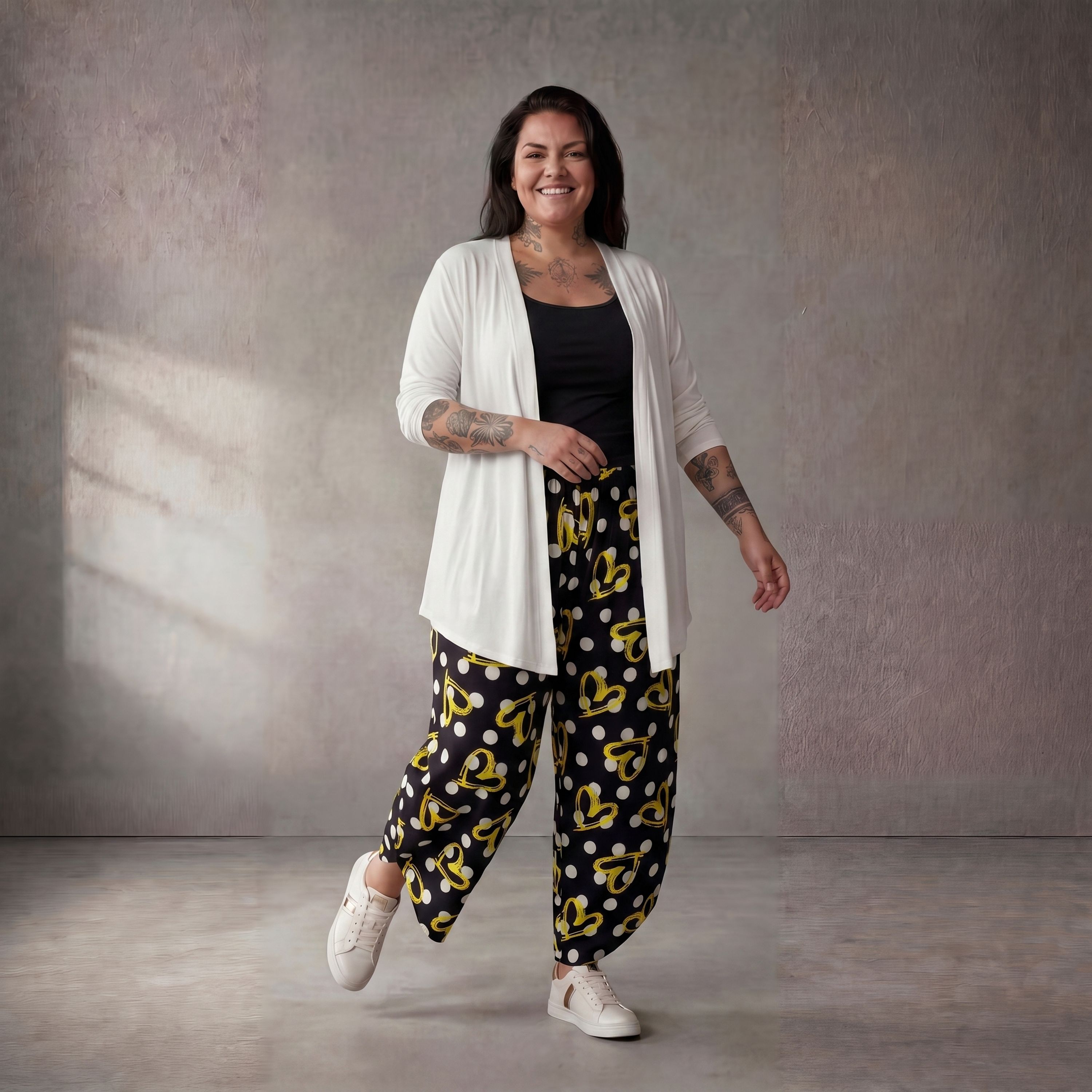 Ausgefallene Ballonhose in Schwarz Weiß Gelb Viskose leicht leger Lagenlook Oversize cool