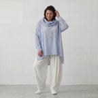 Leichtes Lagenlook Shirt in Jeansblau Weiß mit Crashoptik Oversize asymmetrischem Saum