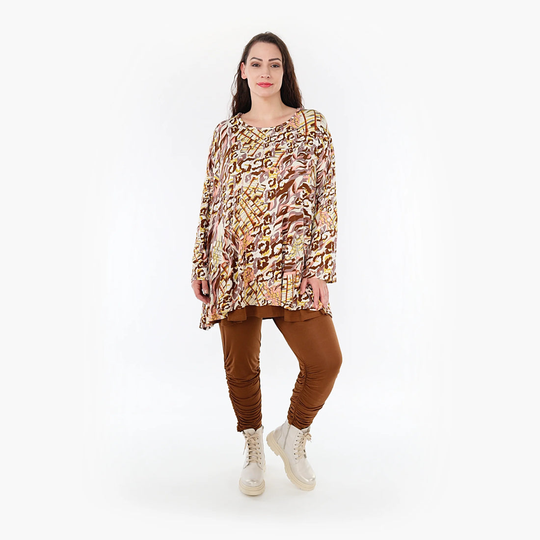  A-Form Bigshirt von AKH Fashion aus Viskose, 1355.00593, Cognac-Rose-Weiß, Muster, Schick