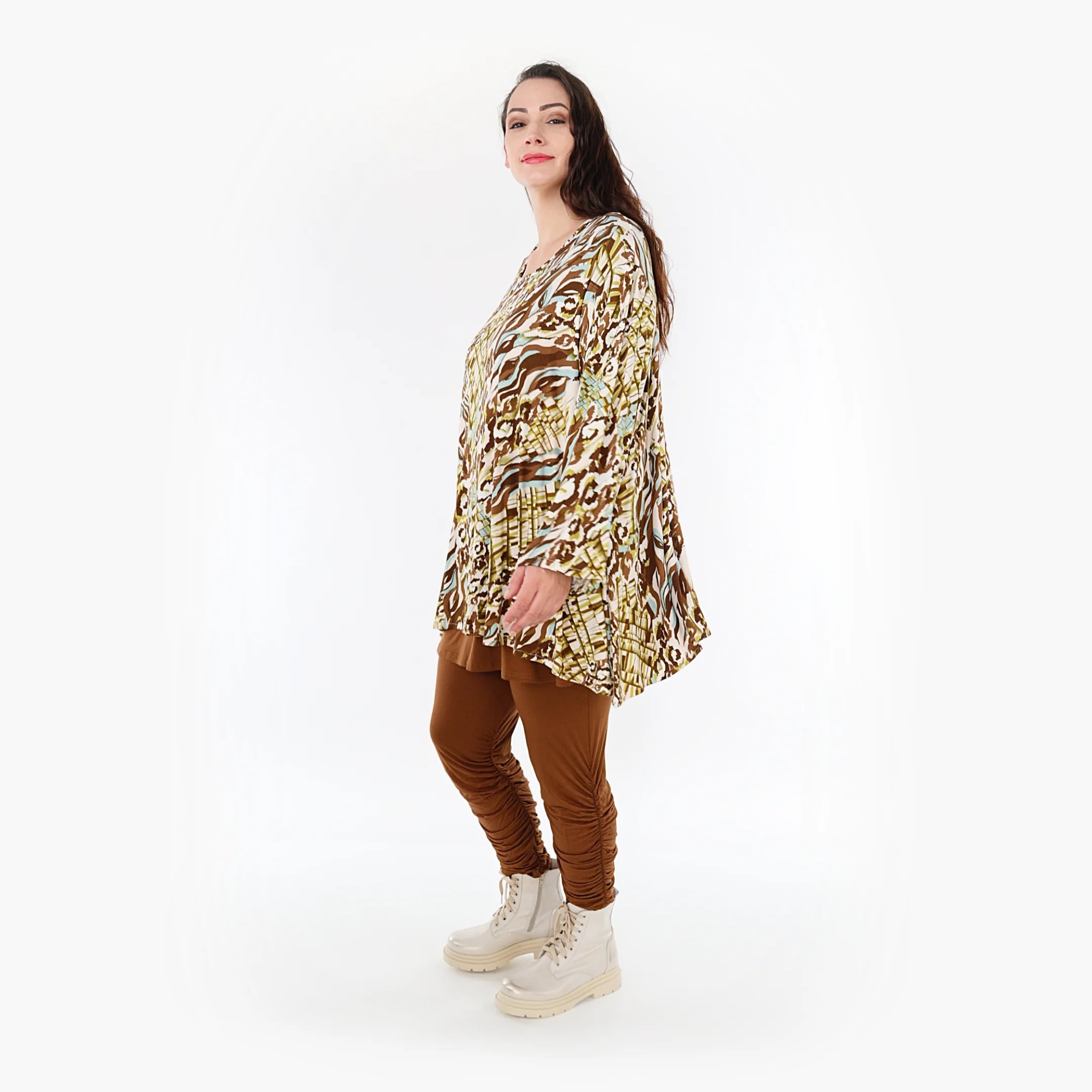  A-Form Bigshirt von AKH Fashion aus Viskose, 1355.00593, Olive-Cognac-Weiß, Muster, Schick