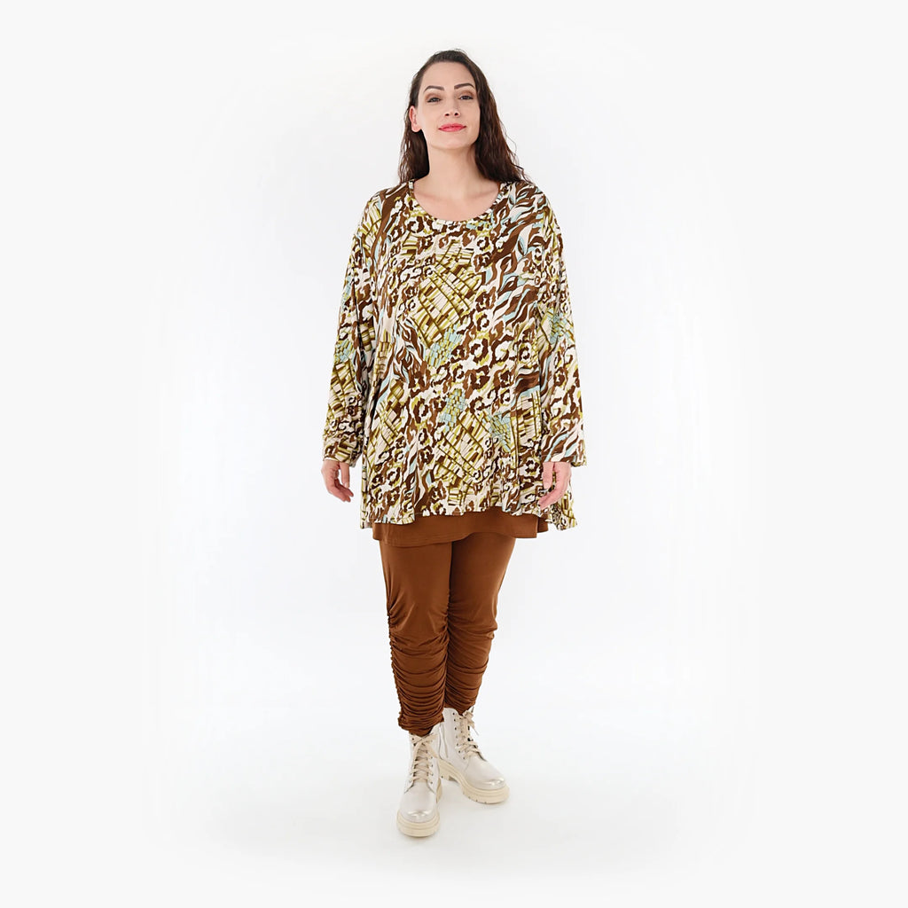  A-Form Bigshirt von AKH Fashion aus Viskose, 1355.00593, Olive-Cognac-Weiß, Muster, Schick