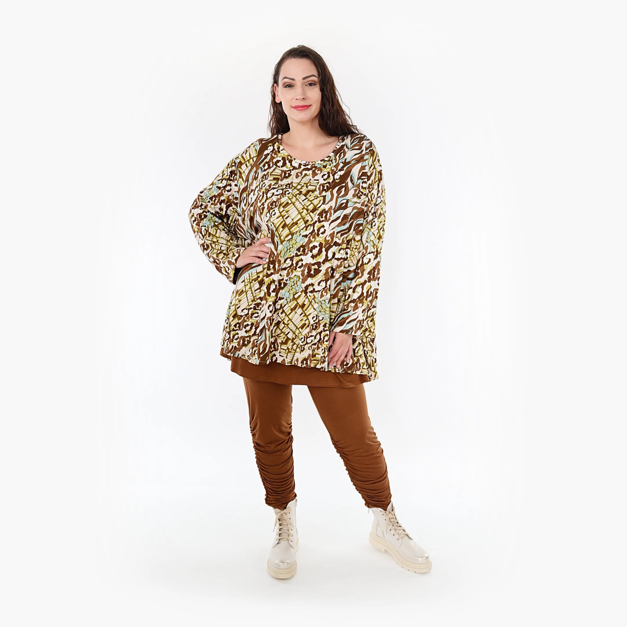  A-Form Bigshirt von AKH Fashion aus Viskose, 1355.00593, Olive-Cognac-Weiß, Muster, Schick