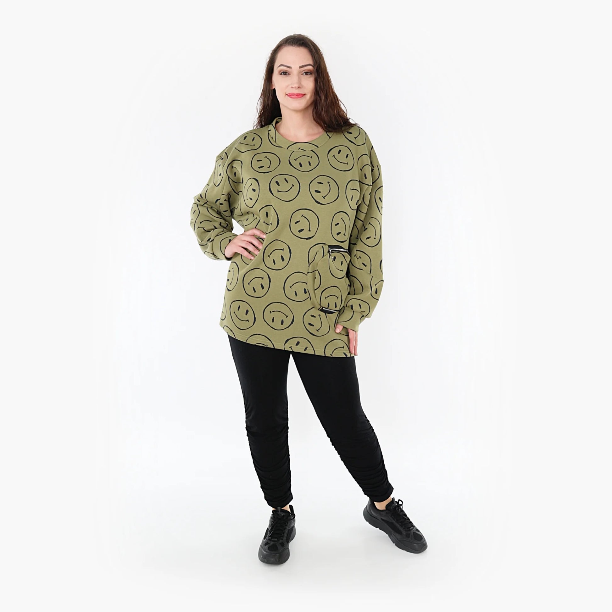  A-Form Bigshirt von AKH Fashion aus Baumwolle, 1361.06987, Olive-Schwarz, Unifarben, Schick