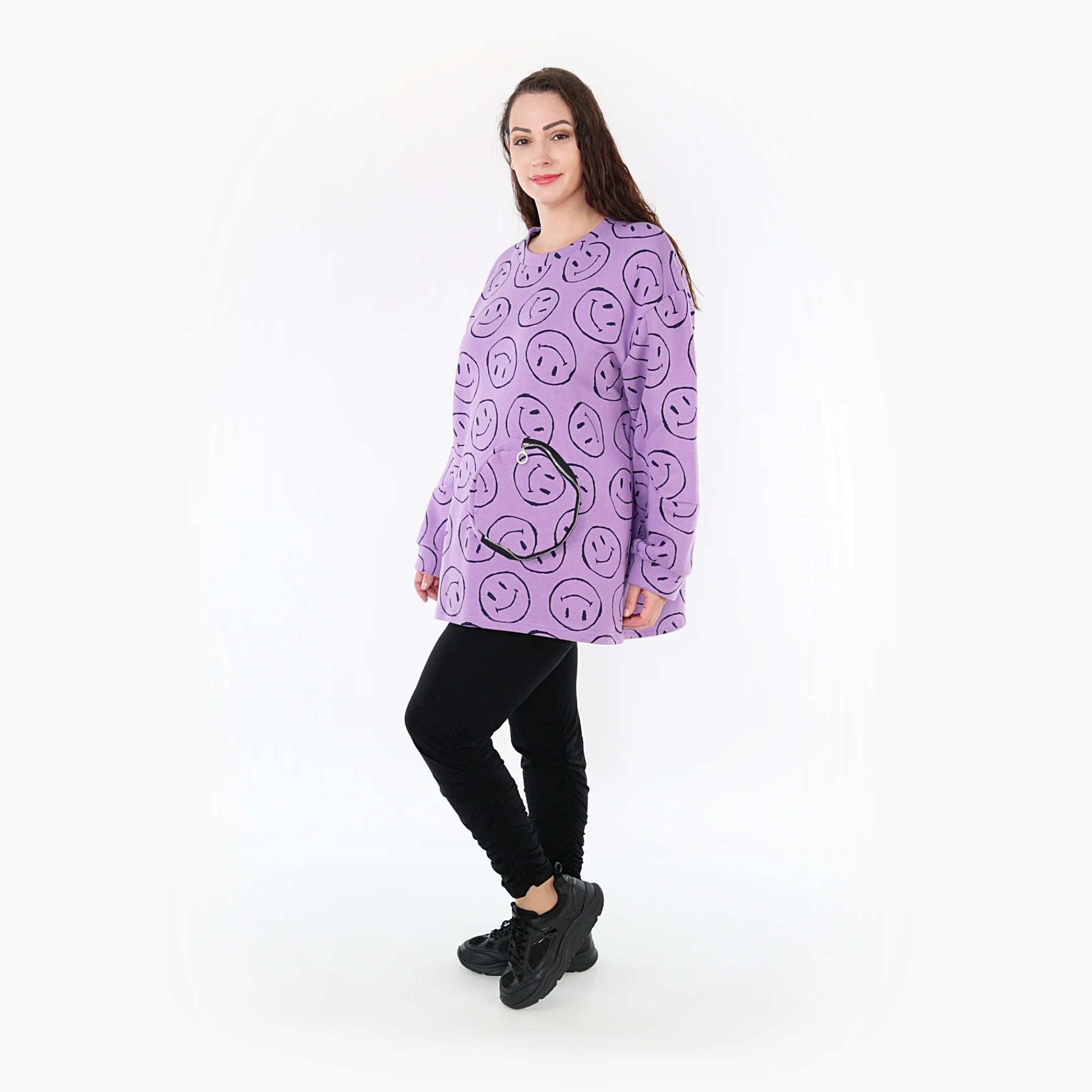  A-Form Bigshirt von AKH Fashion aus Baumwolle, 1361.06987, Flieder-Schwarz, Schick, Modern