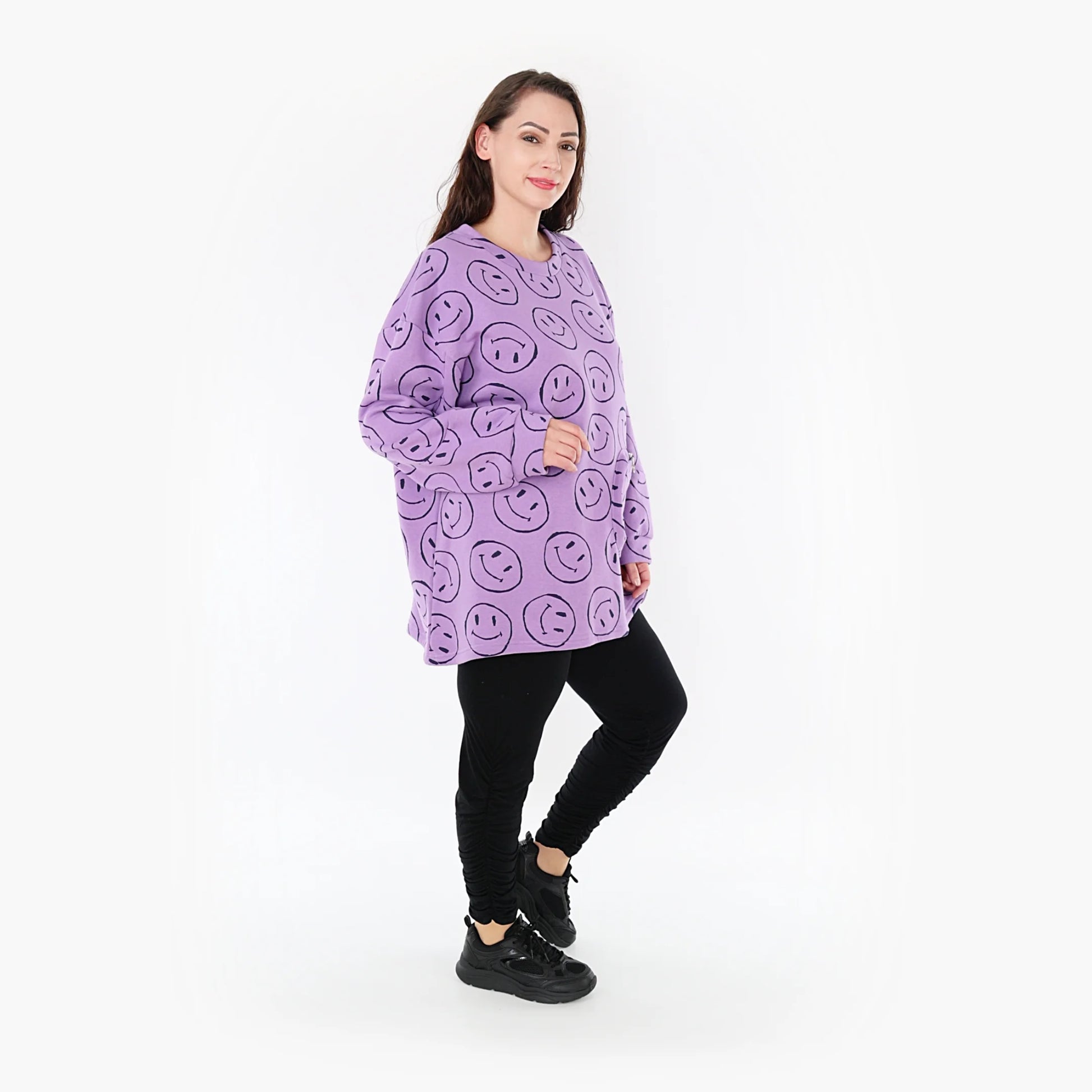  A-Form Bigshirt von AKH Fashion aus Baumwolle, 1361.06987, Flieder-Schwarz, Schick, Modern