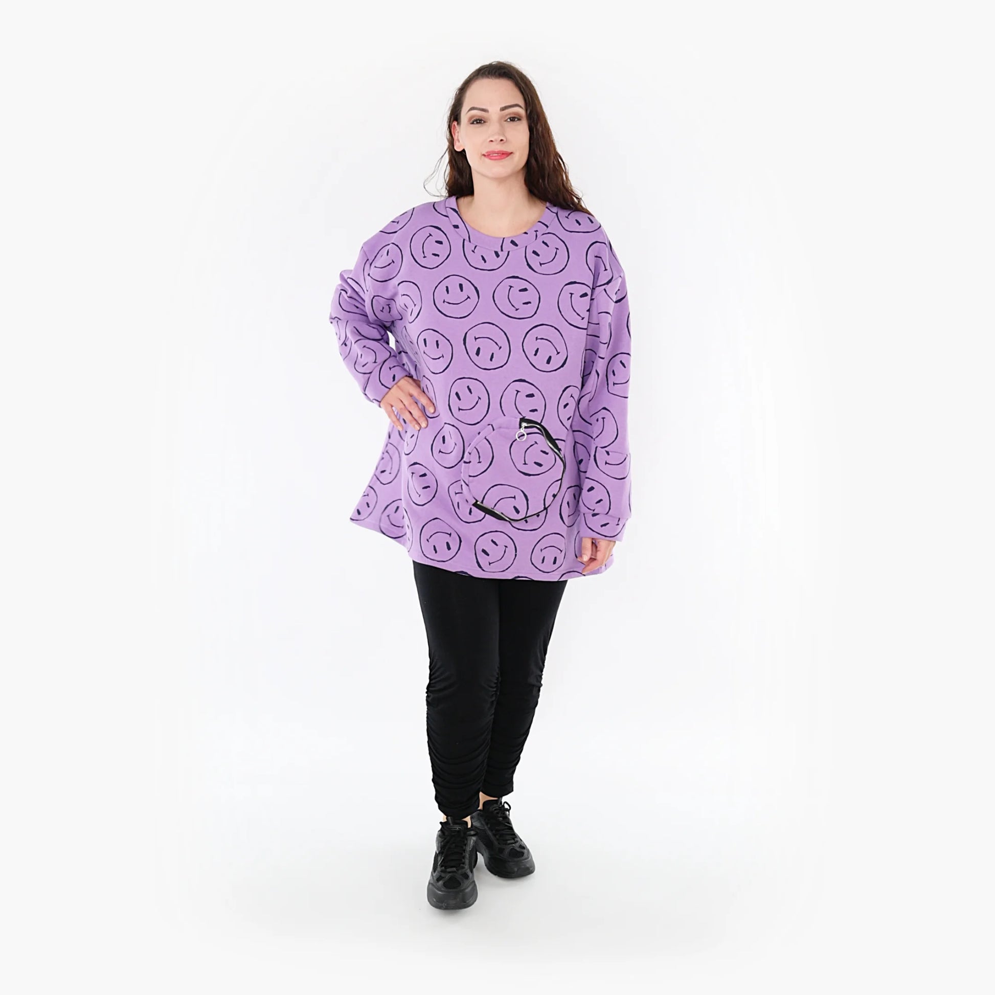  A-Form Bigshirt von AKH Fashion aus Baumwolle, 1361.06987, Flieder-Schwarz, Schick, Modern