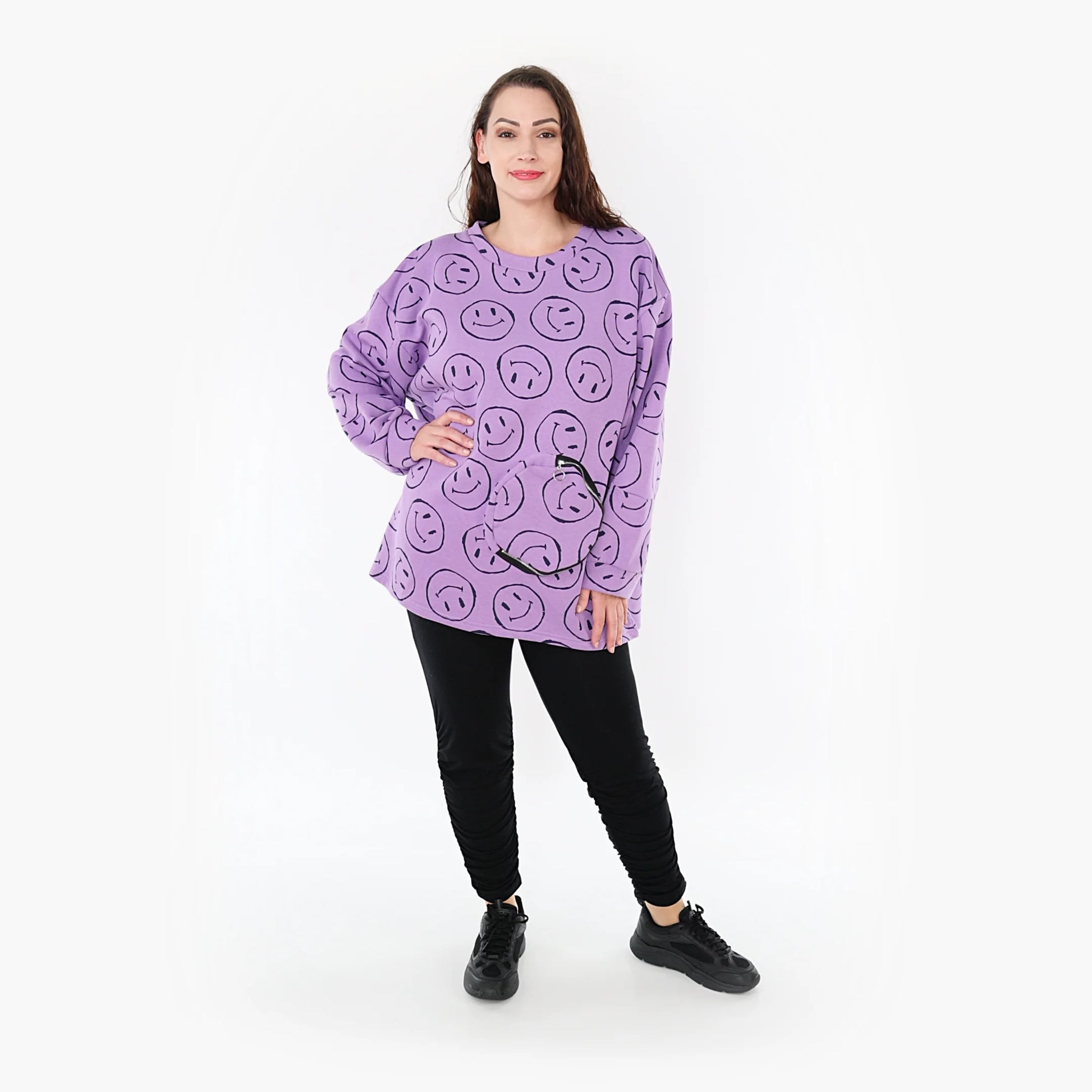  A-Form Bigshirt von AKH Fashion aus Baumwolle, 1361.06987, Flieder-Schwarz, Schick, Modern