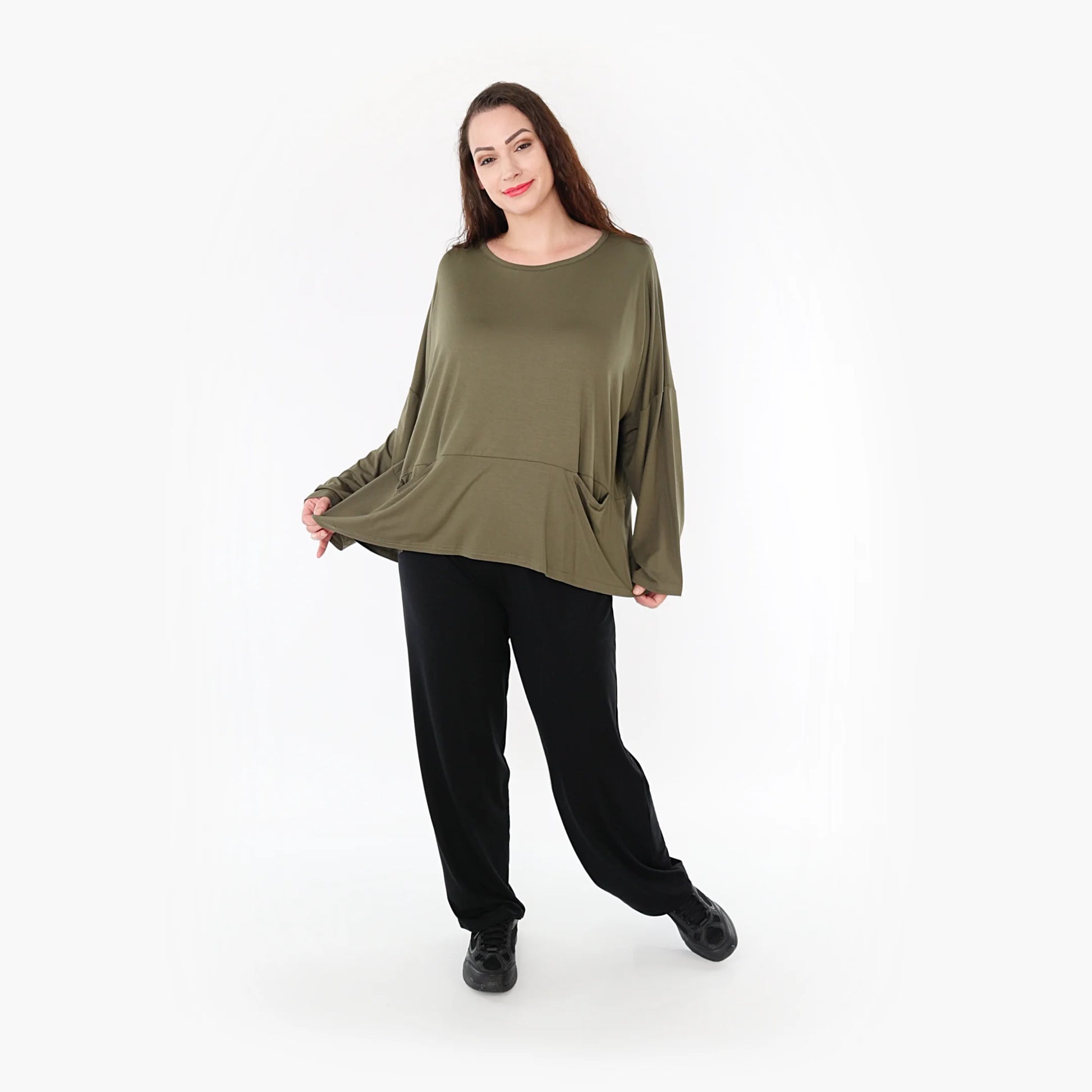  Modisches kastiges Shirt in elegantem Olive mit nahtlosen Taschen und lässigem Oversize-Schnitt