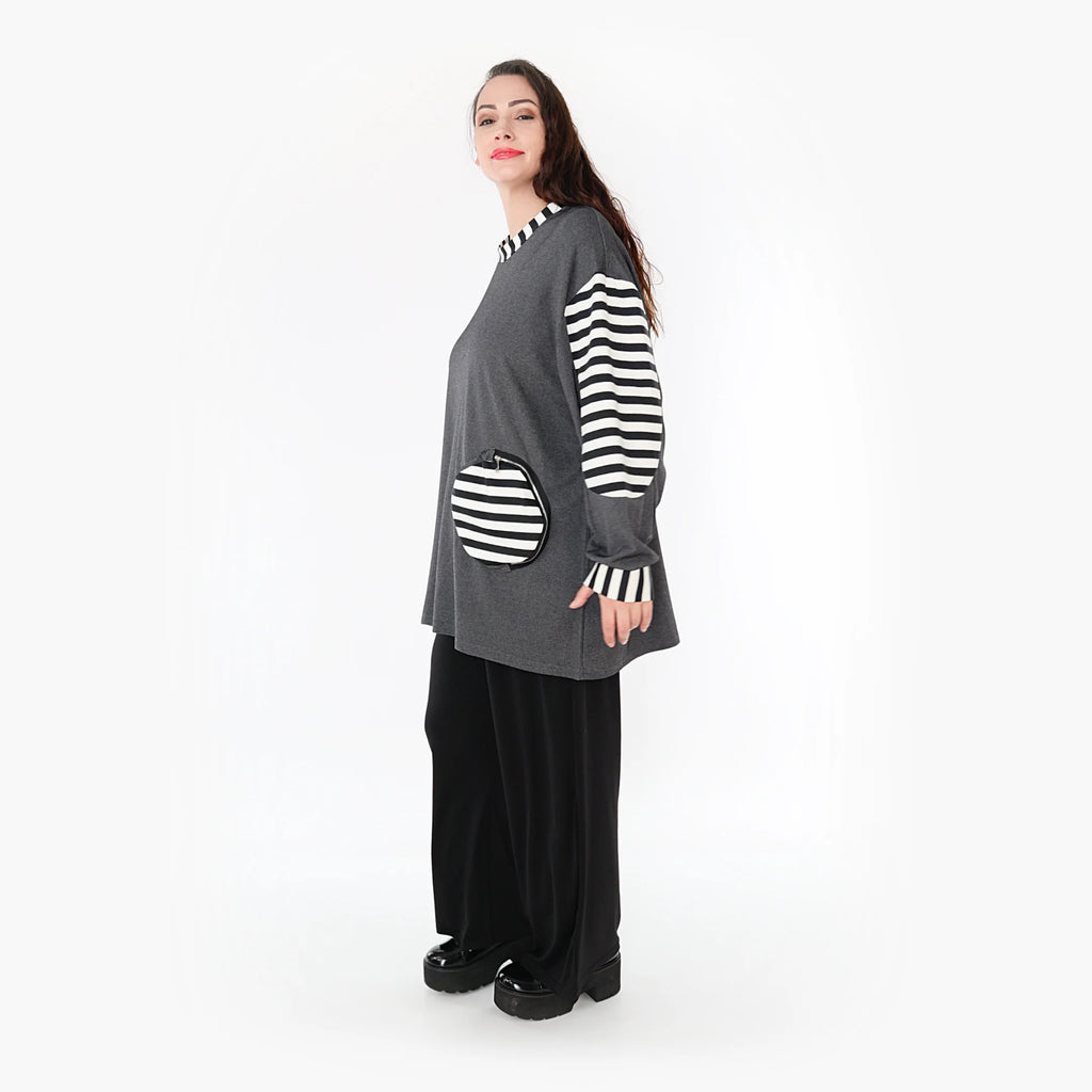  A-Form Bigshirt von AKH Fashion aus Viskose, 1366.06987, Grau-Weiß, Schick, Modern, Bequem