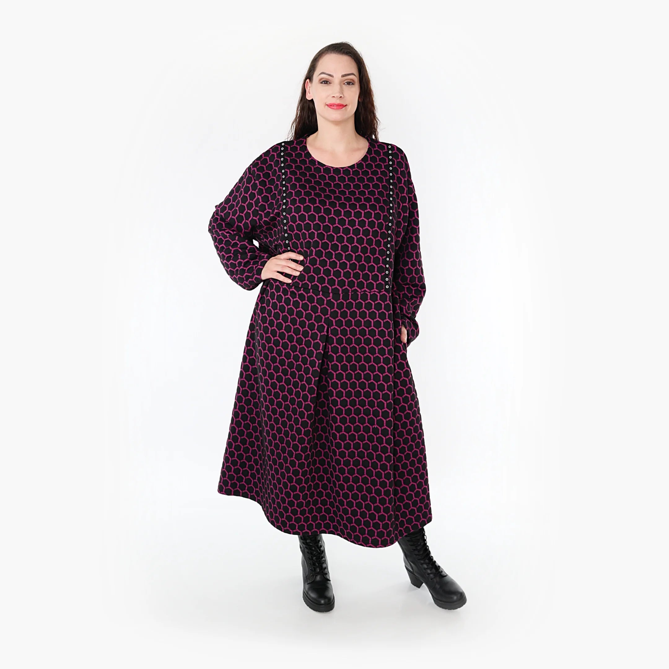  Ballonkleid von AKH Fashion aus Materialmix, 1365.06984, Schwarz-Fuchsia, Raute, Schick