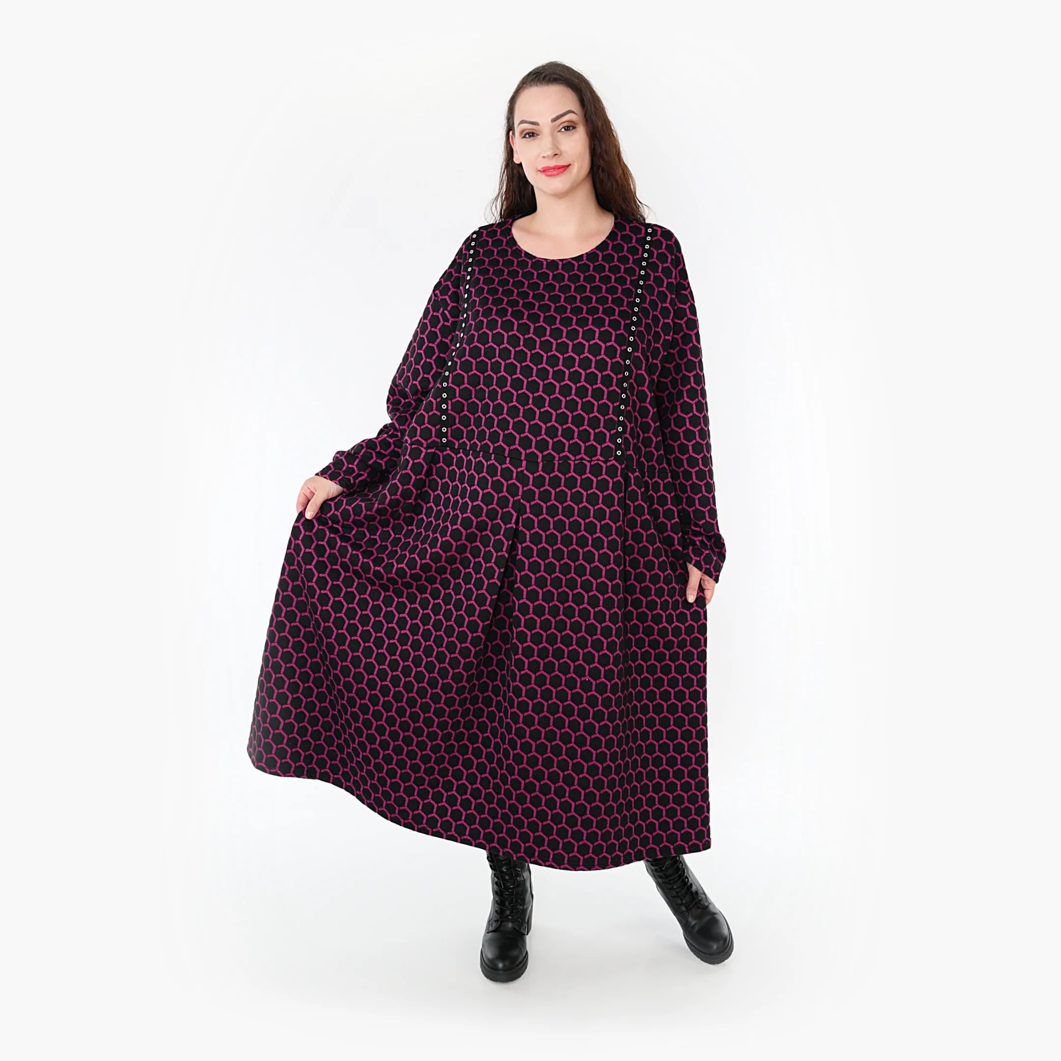  Ballonkleid von AKH Fashion aus Materialmix, 1365.06984, Schwarz-Fuchsia, Raute, Schick