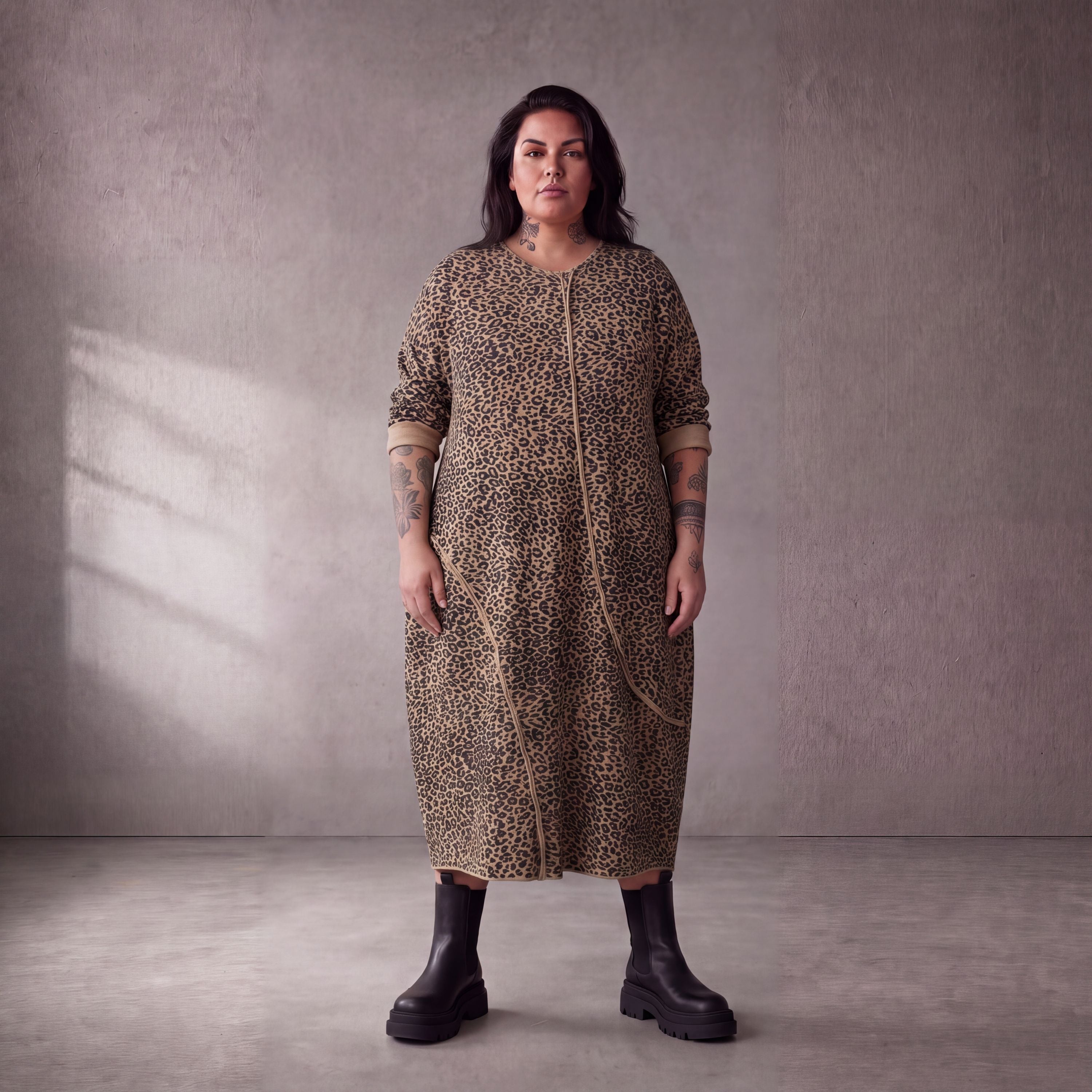 Damen Kleid Lagenlook Baumwolle Schwarz/Braun, Ballonschnitt, Seitentaschen, Oversize große Größen – Funky Diva