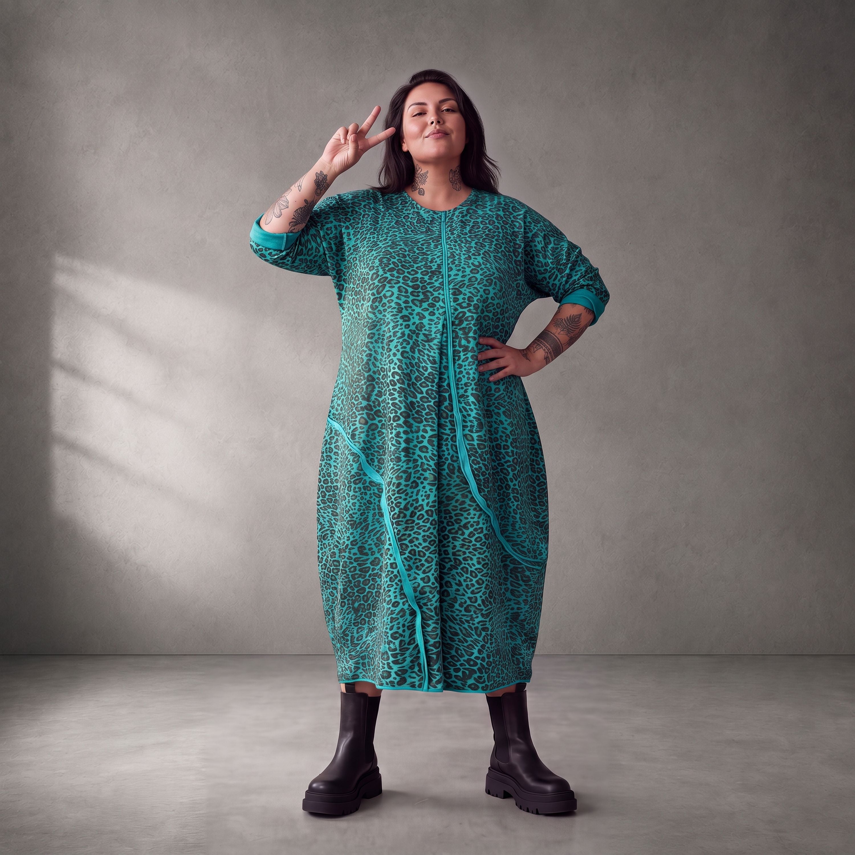Damen Kleid Lagenlook Baumwolle Türkis/Braun, Ballonschnitt, Seitentaschen, Oversize große Größen – Funky Diva