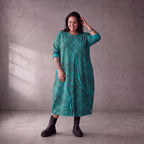 Damen Kleid Lagenlook Baumwolle Türkis/Braun, Ballonschnitt, Seitentaschen, Oversize große Größen – Funky Diva