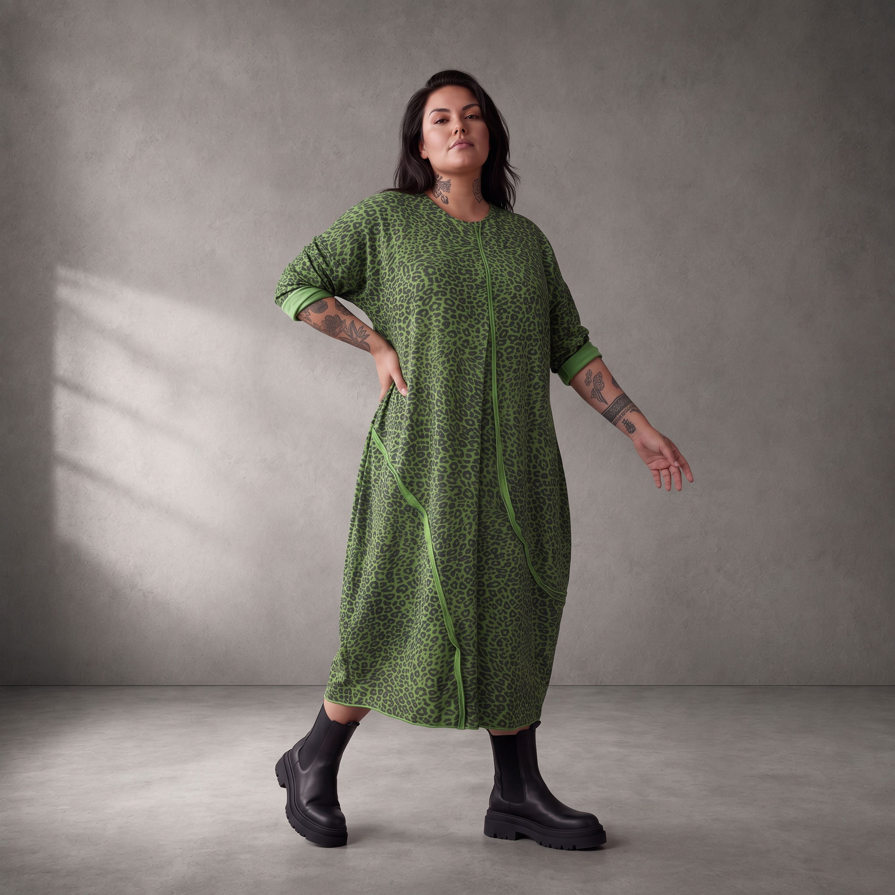 Damen Kleid Lagenlook Baumwolle Grün/Schwarz, Ballonschnitt, Langarm, Seitentaschen, Oversize große Größen – Funky Diva