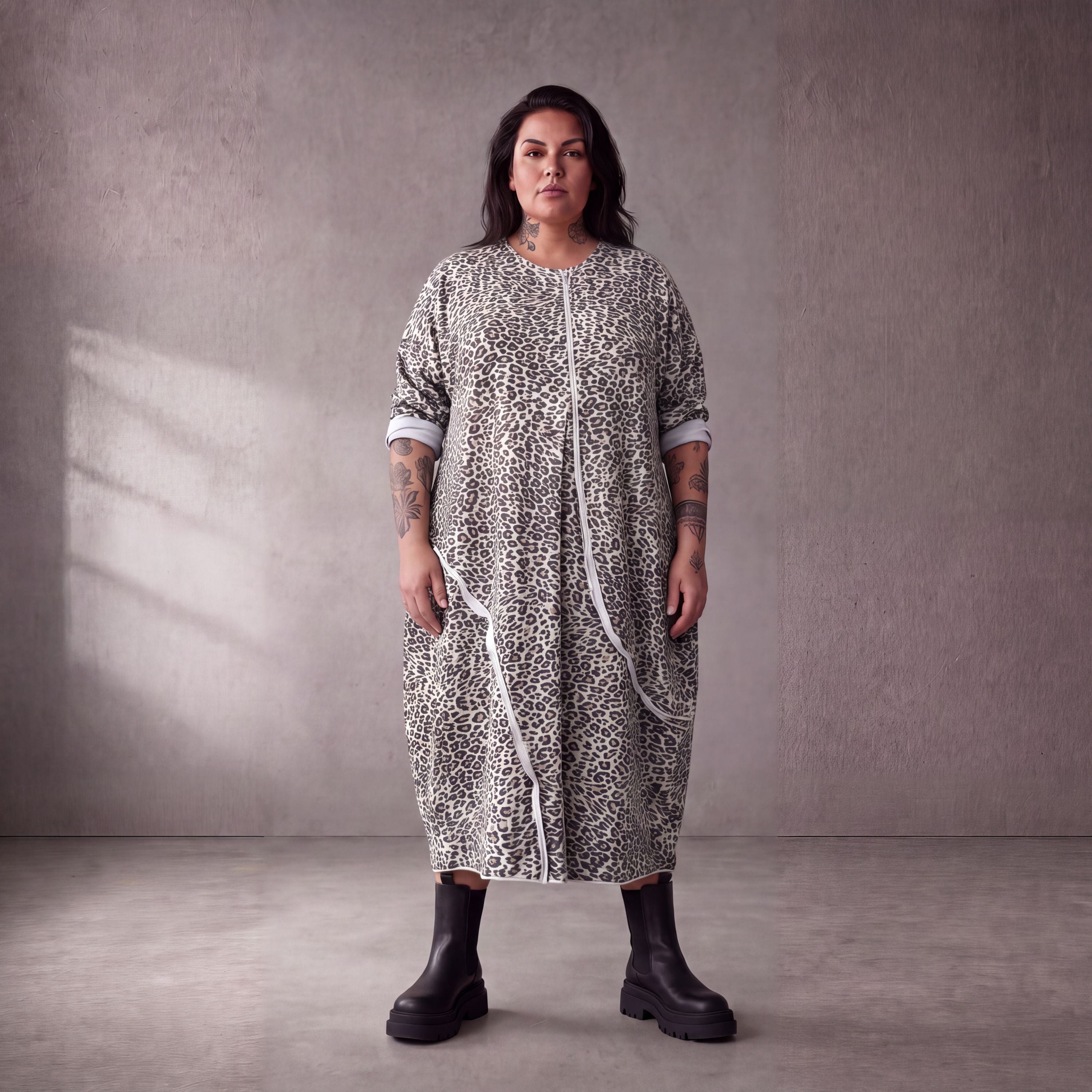 Damen Kleid Lagenlook Baumwolle Schwarz/Weiß, Ballonschnitt, Langarm, Seitentaschen, Oversize große Größen – Funky Diva