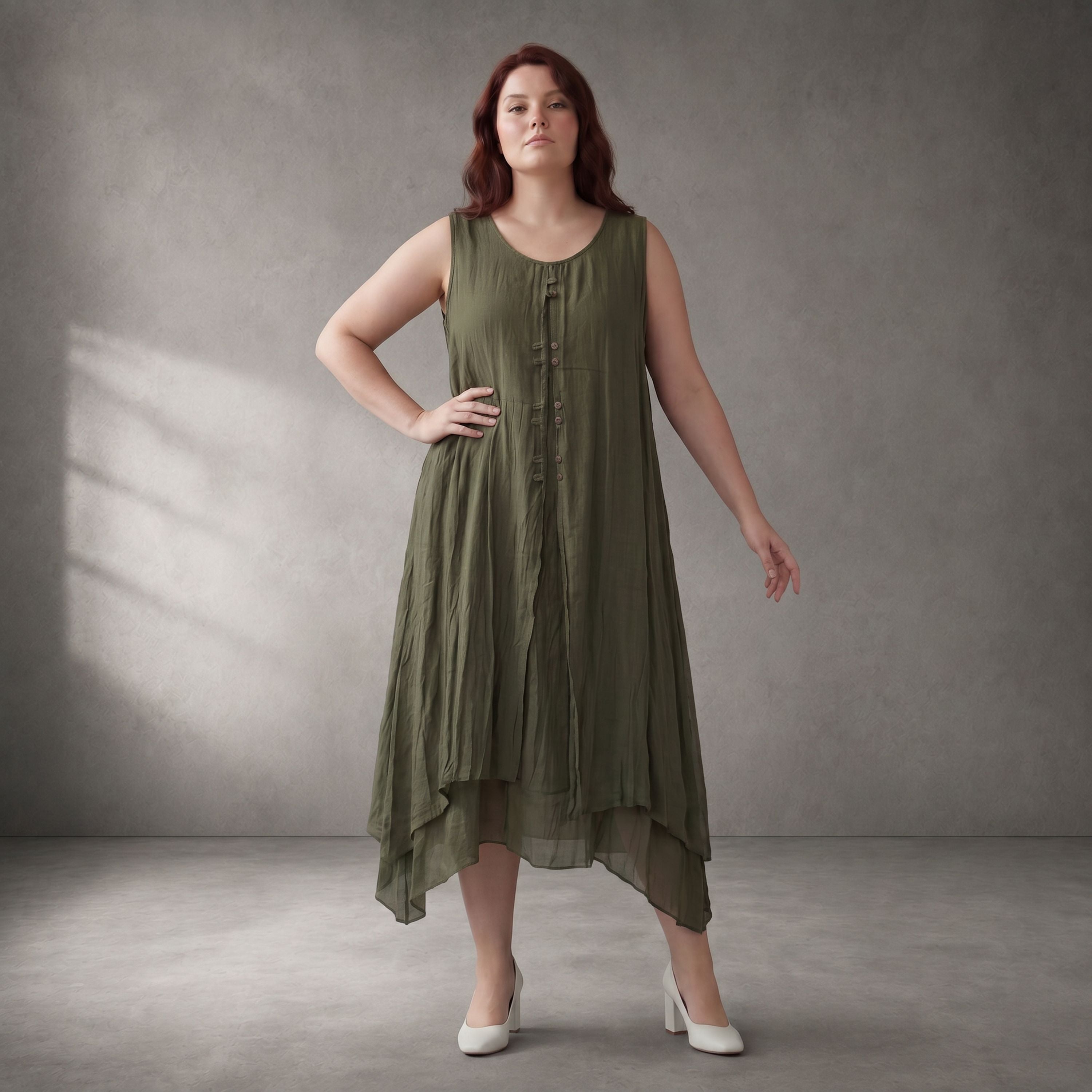 Fliessende Khaki Tunika Lagenlook Oversize leger luftig weich bequem zeitlos mit Taschen