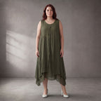 Fliessende Khaki Tunika Lagenlook Oversize leger luftig weich bequem zeitlos mit Taschen