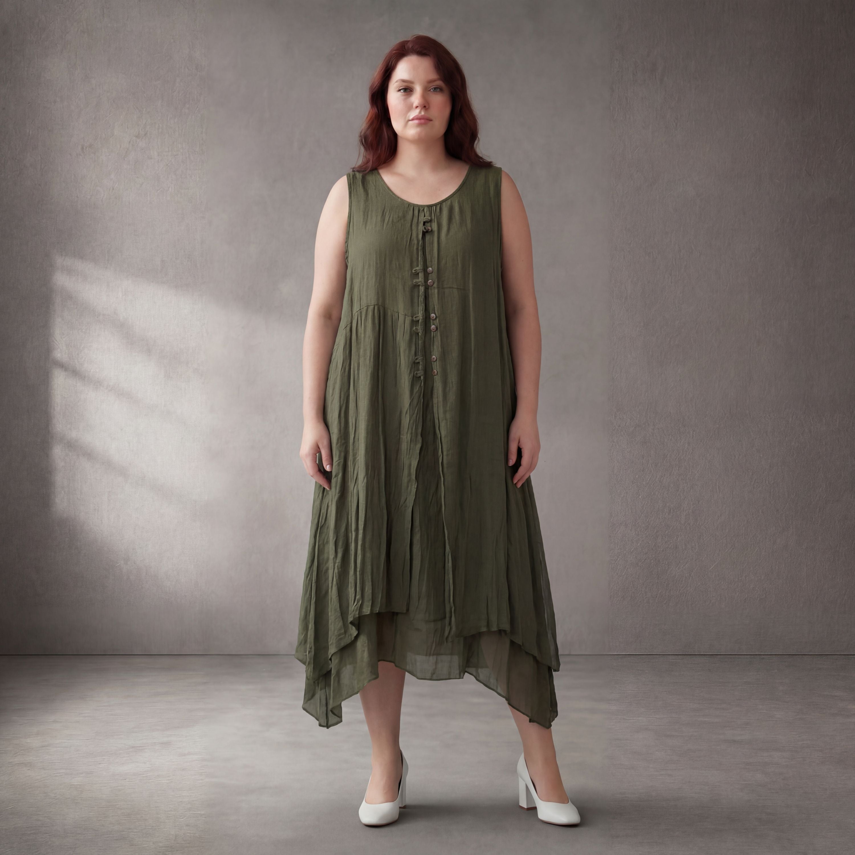 Fliessende Khaki Tunika Lagenlook Oversize leger luftig weich bequem zeitlos mit Taschen