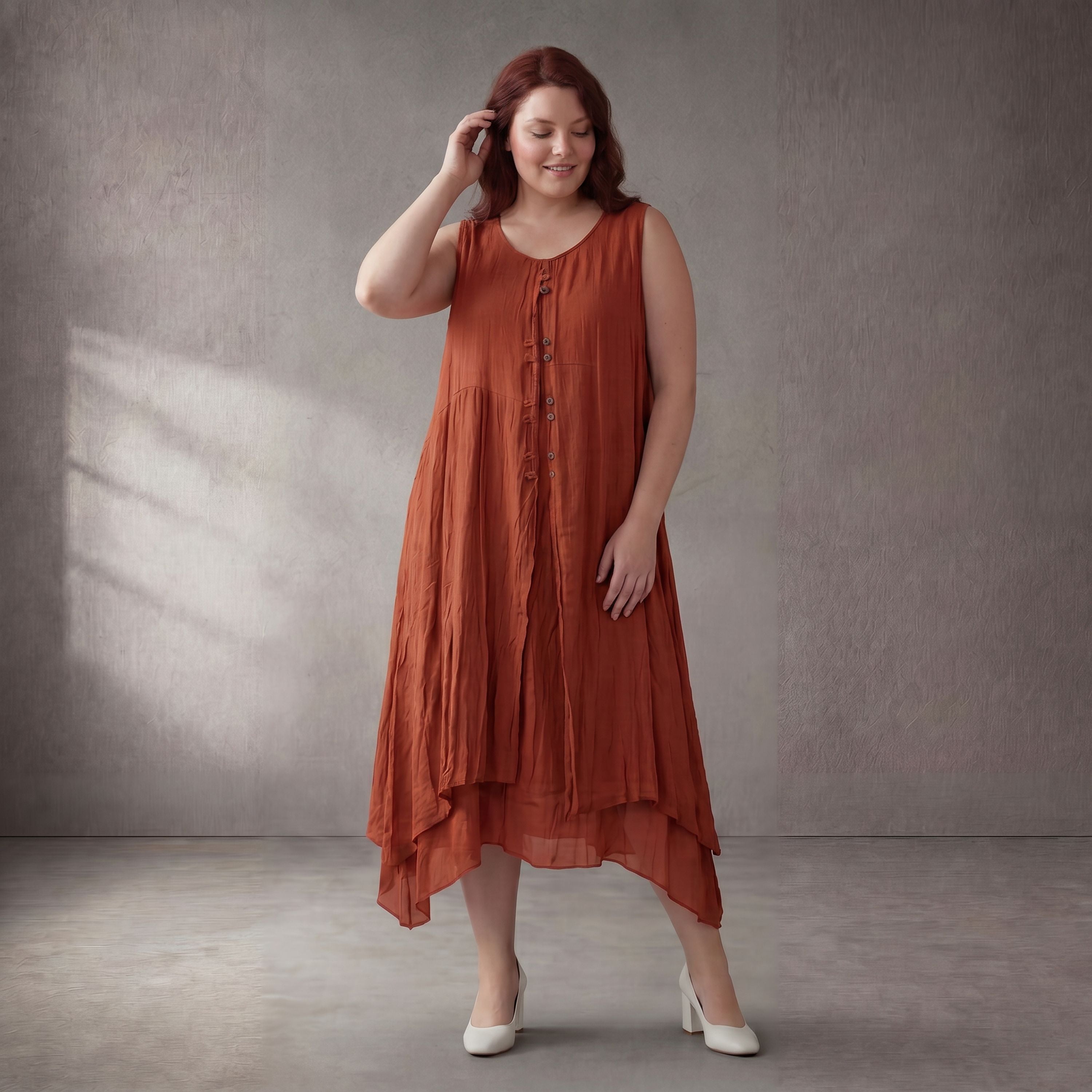 Orange OversizeTunika im Lagenlook weich fliessend zeitlos leger mit Taschen fuer Sommer