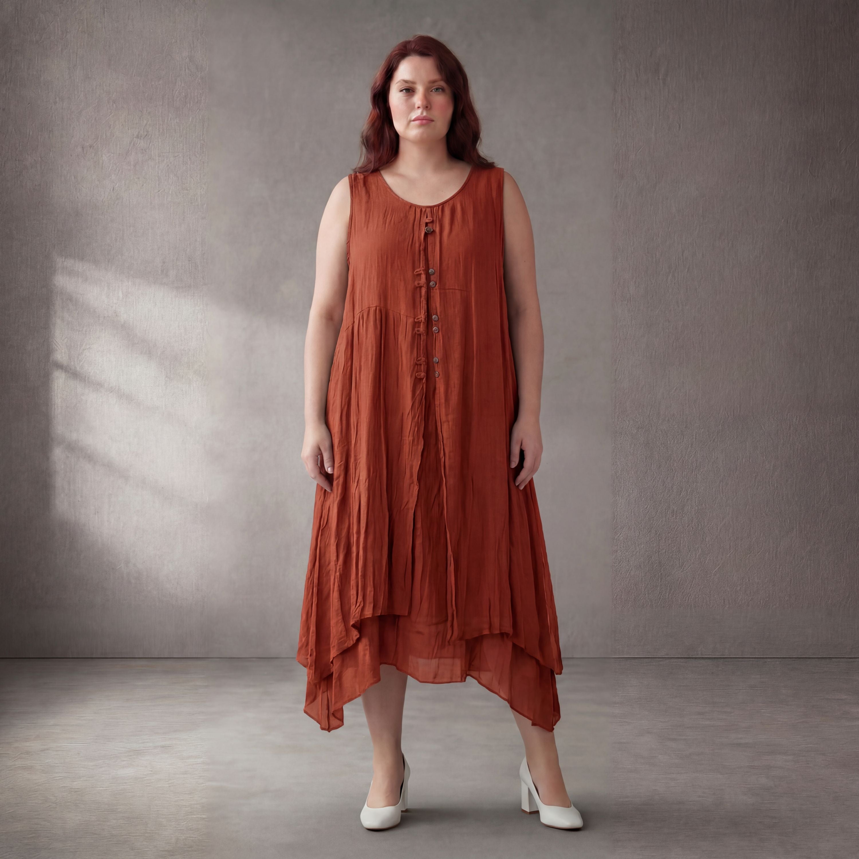 Orange OversizeTunika im Lagenlook weich fliessend zeitlos leger mit Taschen fuer Sommer